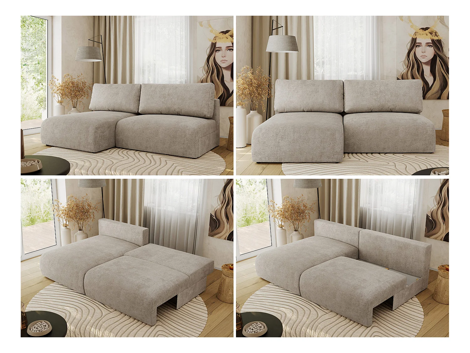 Ecksofa VIVO - L-form Couch mit Schlaffunktion und Bettkasten, Wellenfeder - Beige Struktur - Ecke Links