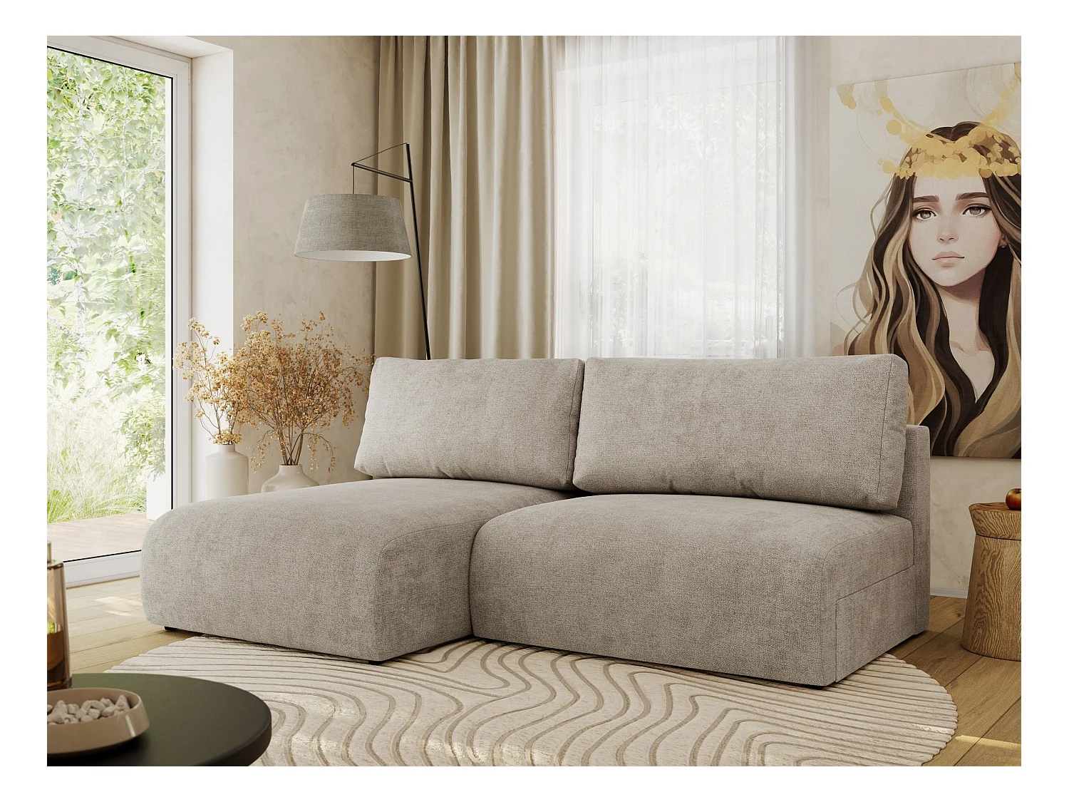 Ecksofa VIVO - L-form Couch mit Schlaffunktion und Bettkasten, Wellenfeder - Beige Struktur - Ecke Links