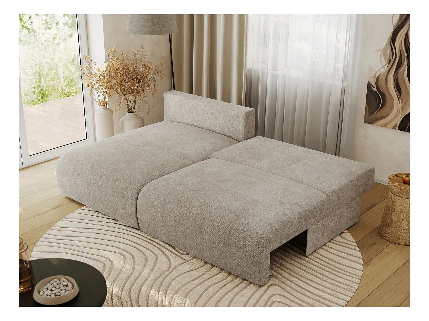 Ecksofa VIVO - L-form Couch mit Schlaffunktion und Bettkasten, Wellenfeder - Beige Struktur - Ecke Links