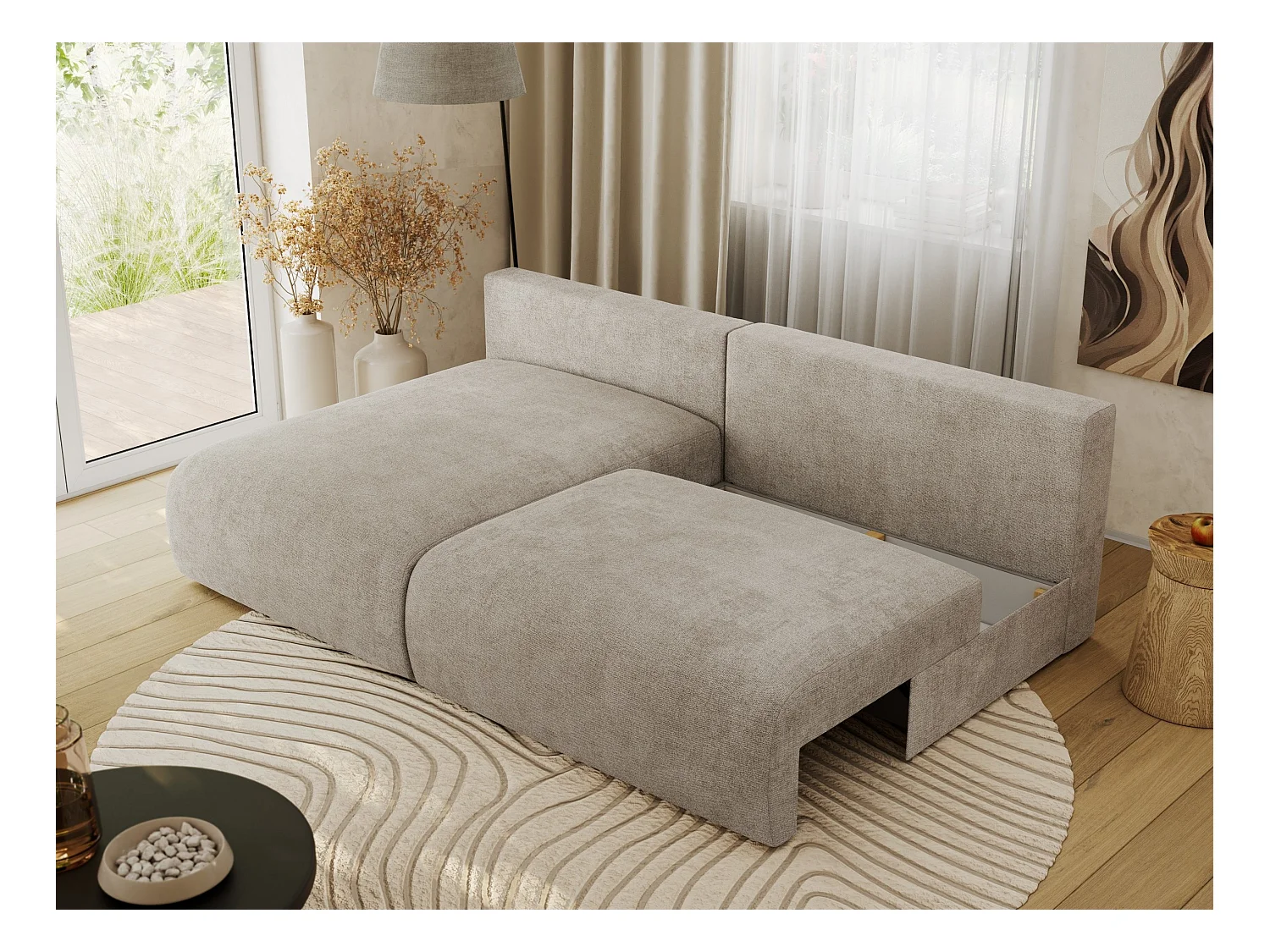 Ecksofa VIVO - L-form Couch mit Schlaffunktion und Bettkasten, Wellenfeder - Beige Struktur - Ecke Links