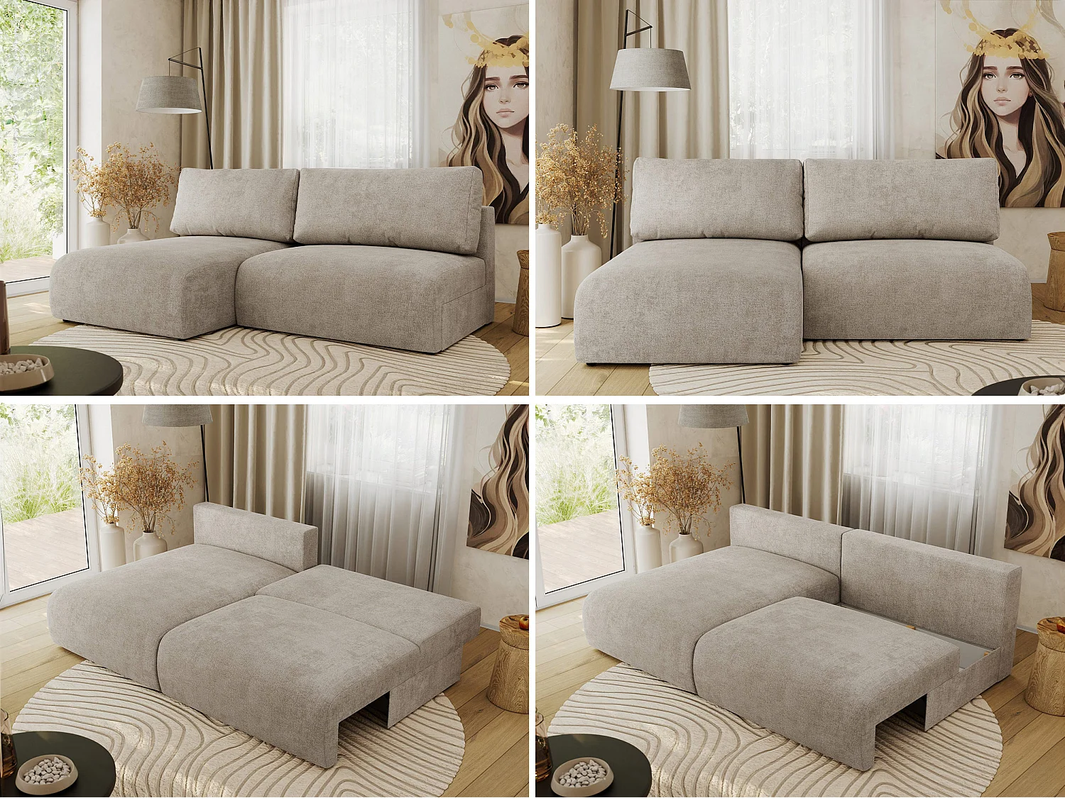 Ecksofa VIVO - L-form Couch mit Schlaffunktion und Bettkasten, Wellenfeder - Beige Struktur - Ecke Links