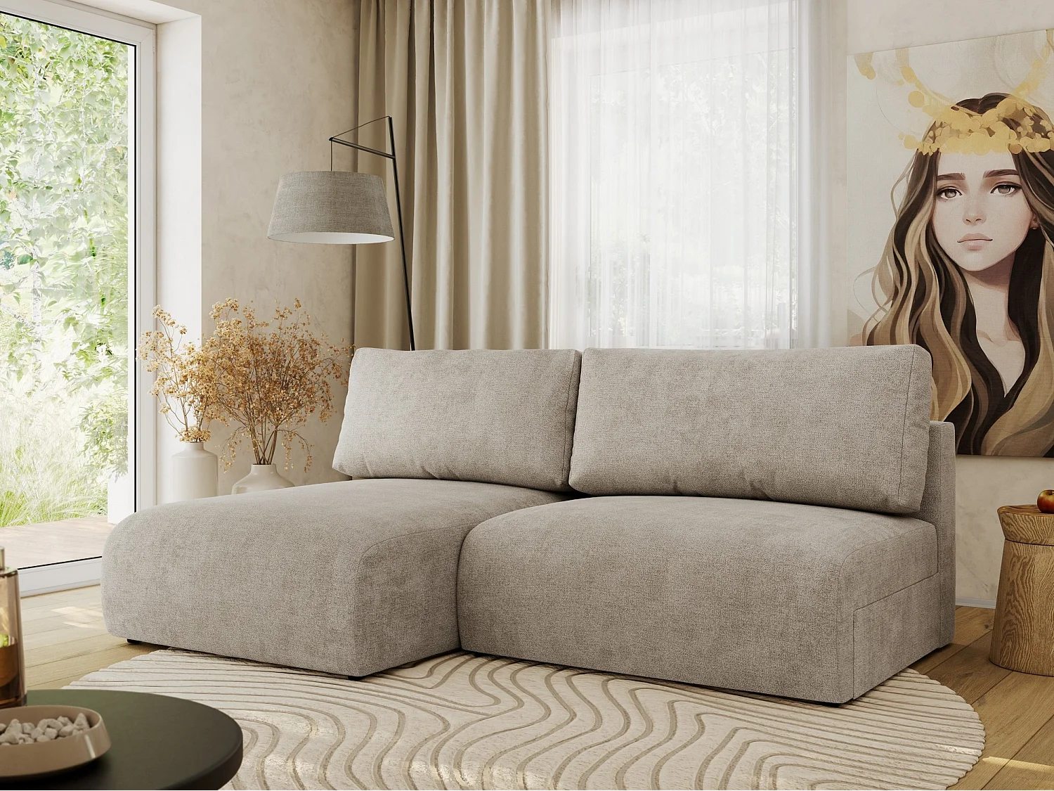 Ecksofa VIVO - L-form Couch mit Schlaffunktion und Bettkasten, Wellenfeder - Beige Struktur - Ecke Links