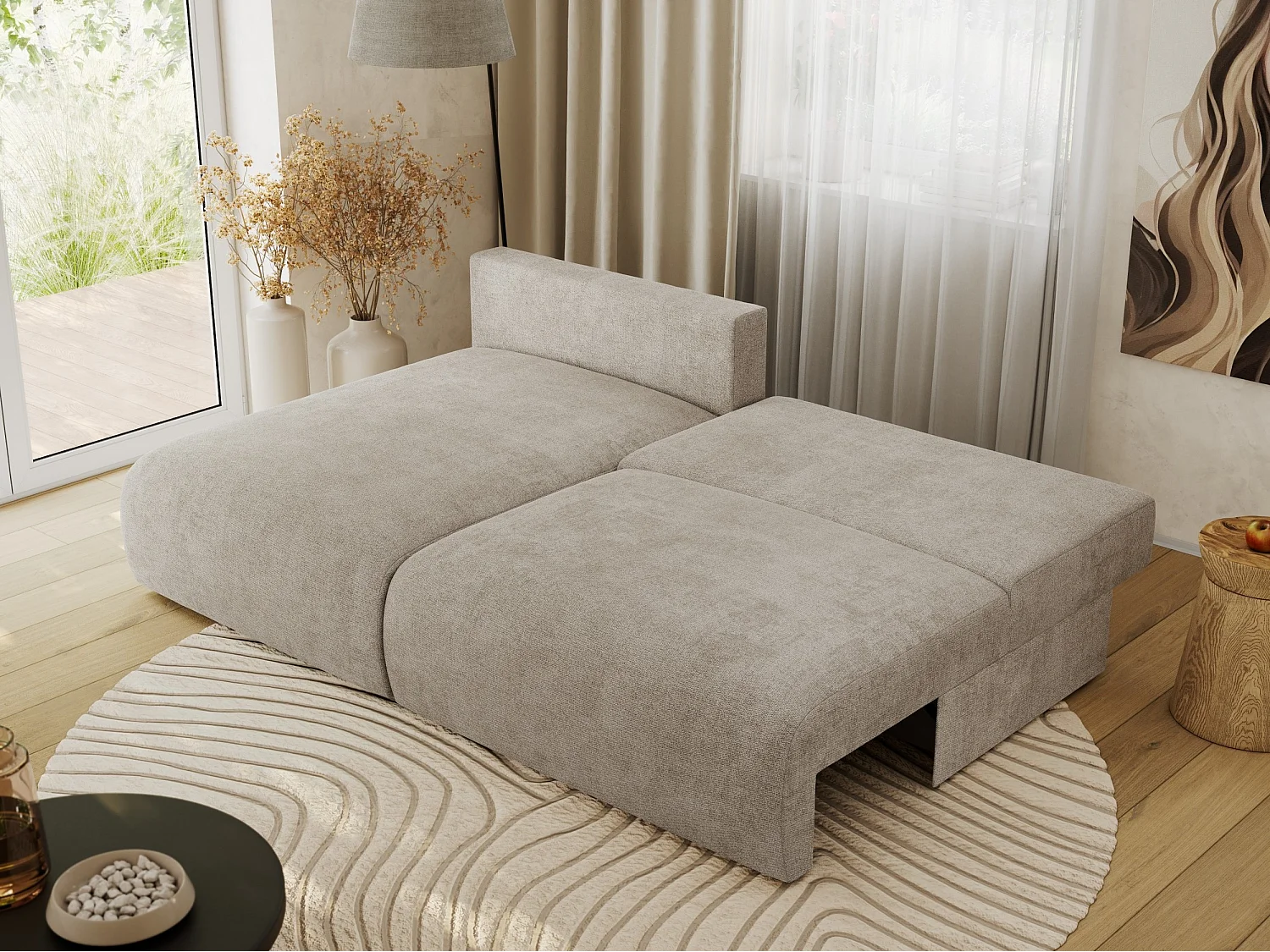 Ecksofa VIVO - L-form Couch mit Schlaffunktion und Bettkasten, Wellenfeder - Beige Struktur - Ecke Links