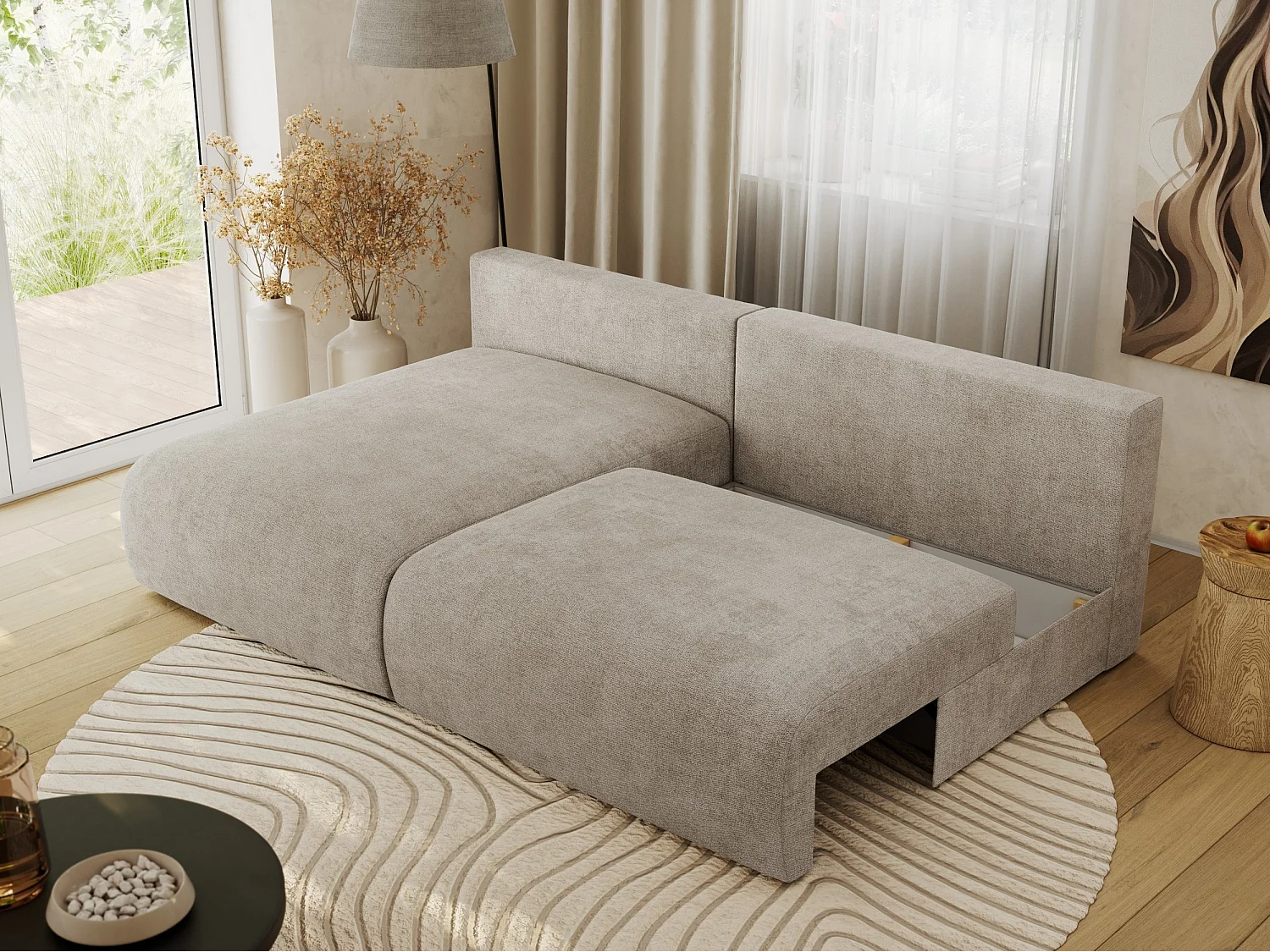 Ecksofa VIVO - L-form Couch mit Schlaffunktion und Bettkasten, Wellenfeder - Beige Struktur - Ecke Links