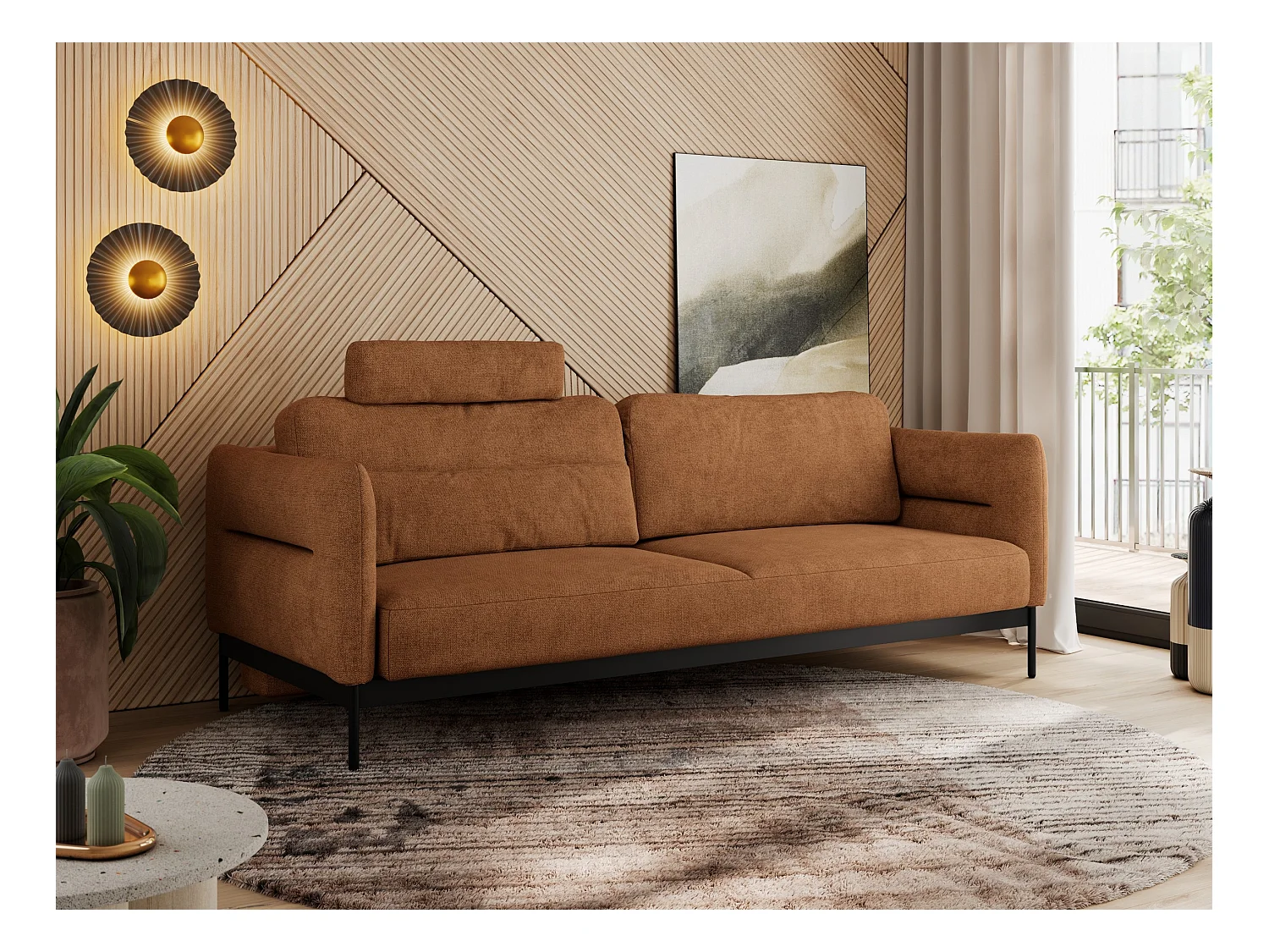 Sofa SALENTO - 3-Sitzer mit Metallbeine, mobile Kopfstütze, Schlafsofa mit lose Kissen - Orange Strukture