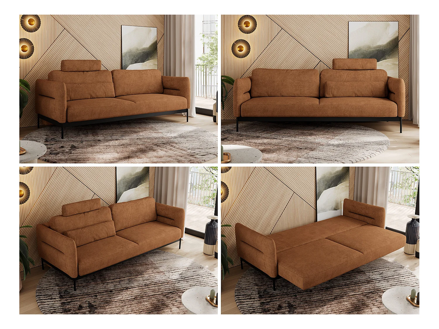 Sofa SALENTO - 3-Sitzer mit Metallbeine, mobile Kopfstütze, Schlafsofa mit lose Kissen - Orange Strukture