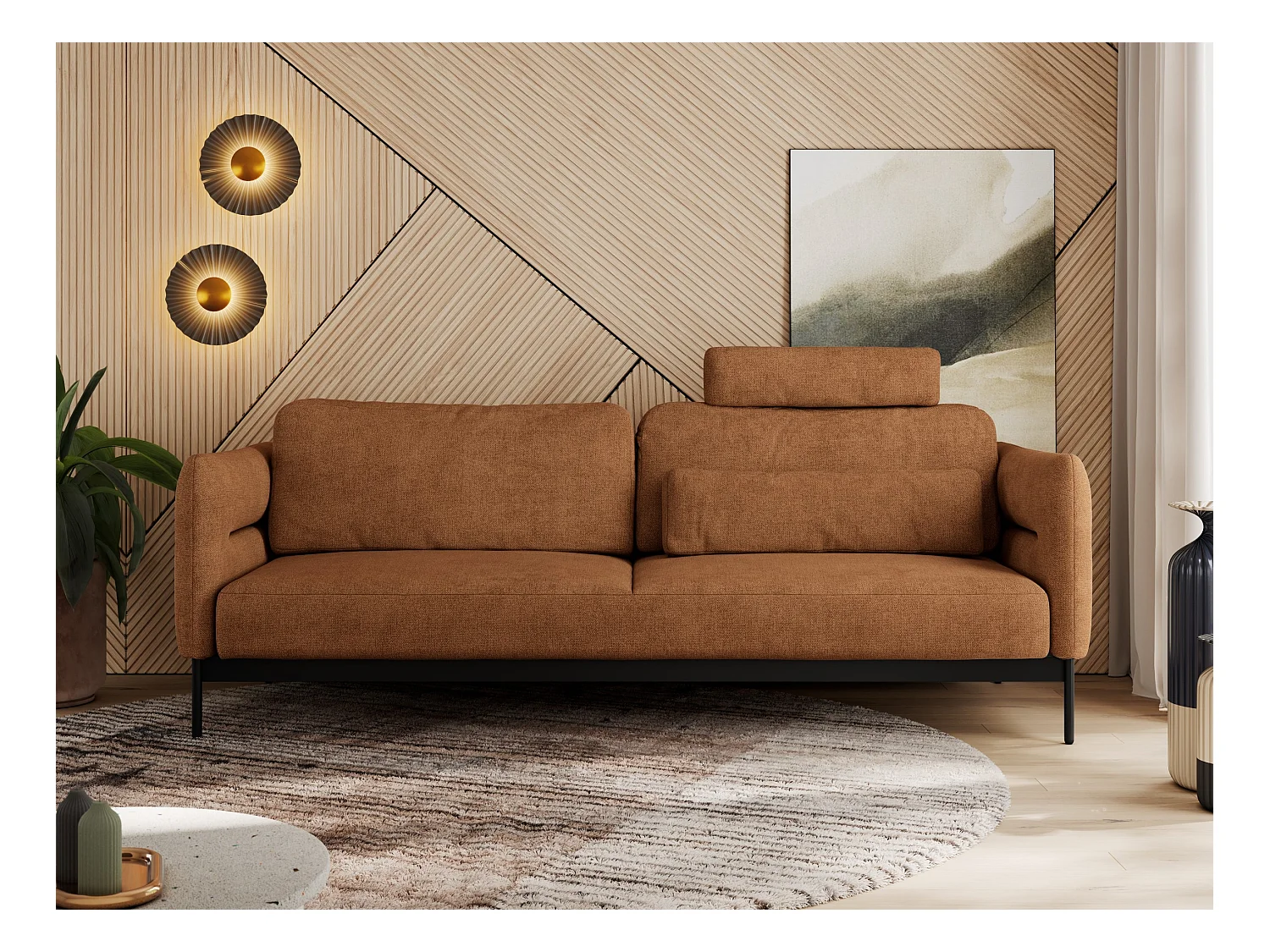 Sofa SALENTO - 3-Sitzer mit Metallbeine, mobile Kopfstütze, Schlafsofa mit lose Kissen - Orange Strukture