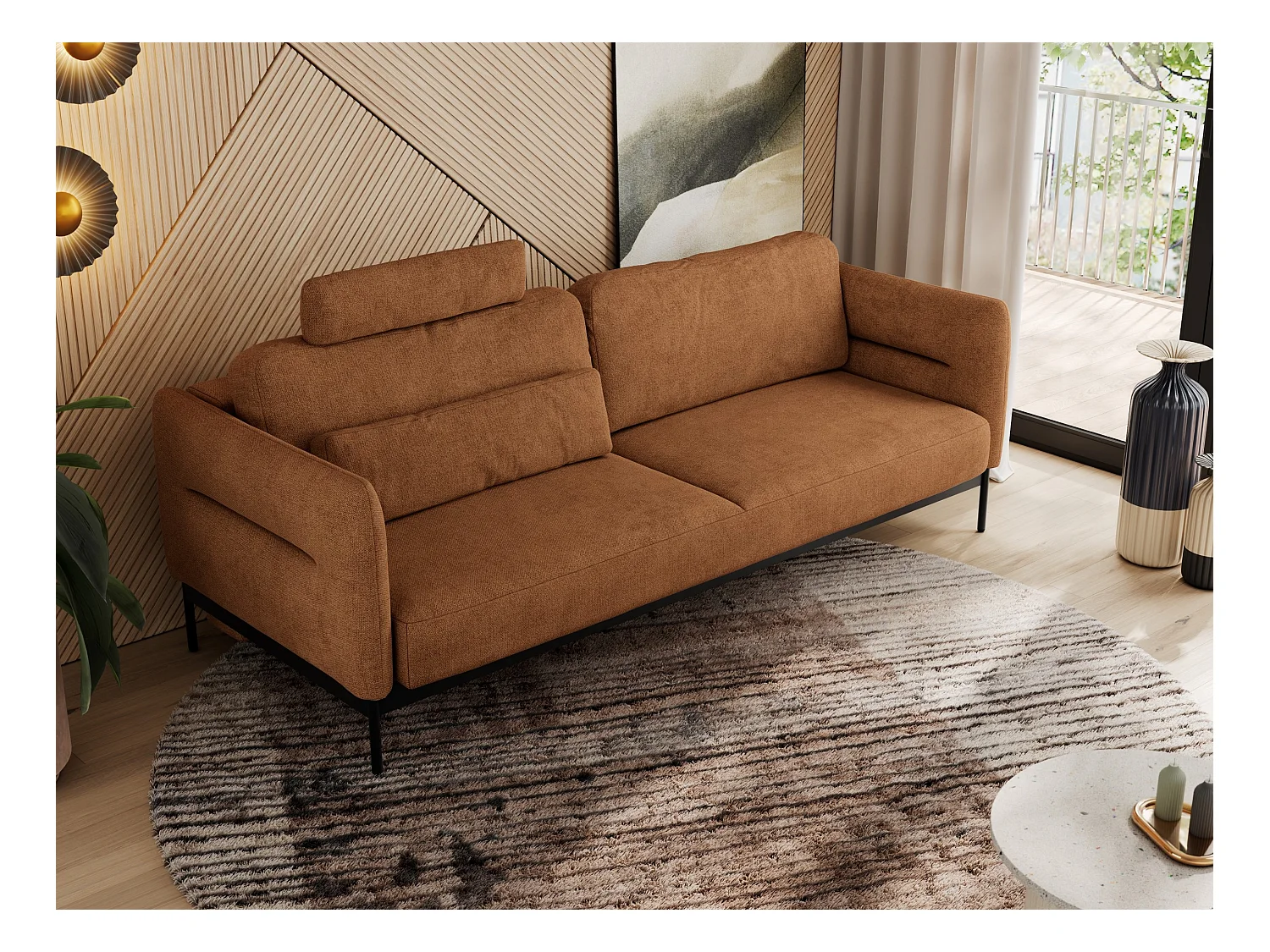 Sofa SALENTO - 3-Sitzer mit Metallbeine, mobile Kopfstütze, Schlafsofa mit lose Kissen - Orange Strukture