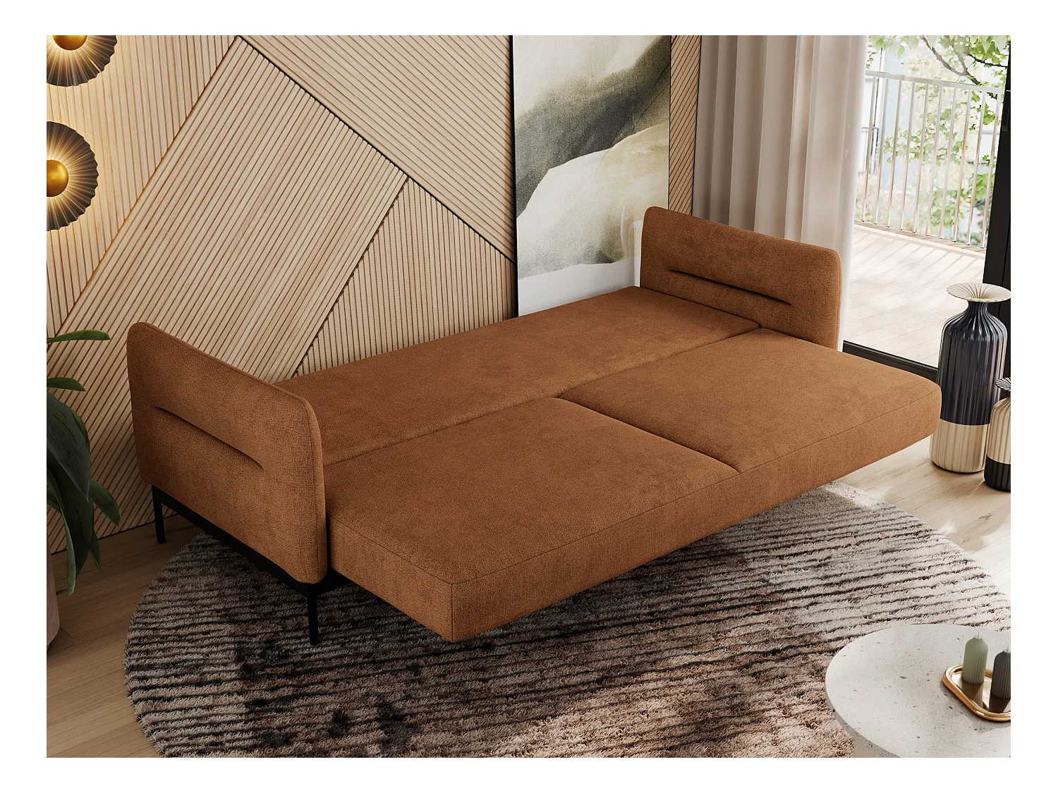 Sofa SALENTO - 3-Sitzer mit Metallbeine, mobile Kopfstütze, Schlafsofa mit lose Kissen - Orange Strukture