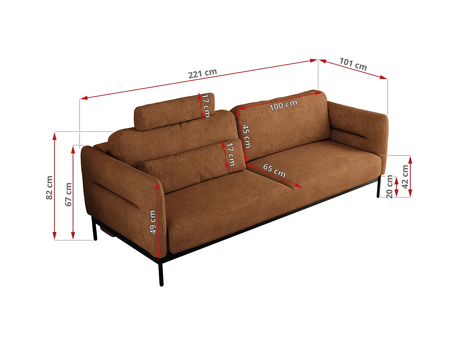 Sofa SALENTO - 3-Sitzer mit Metallbeine, mobile Kopfstütze, Schlafsofa mit lose Kissen - Orange Strukture
