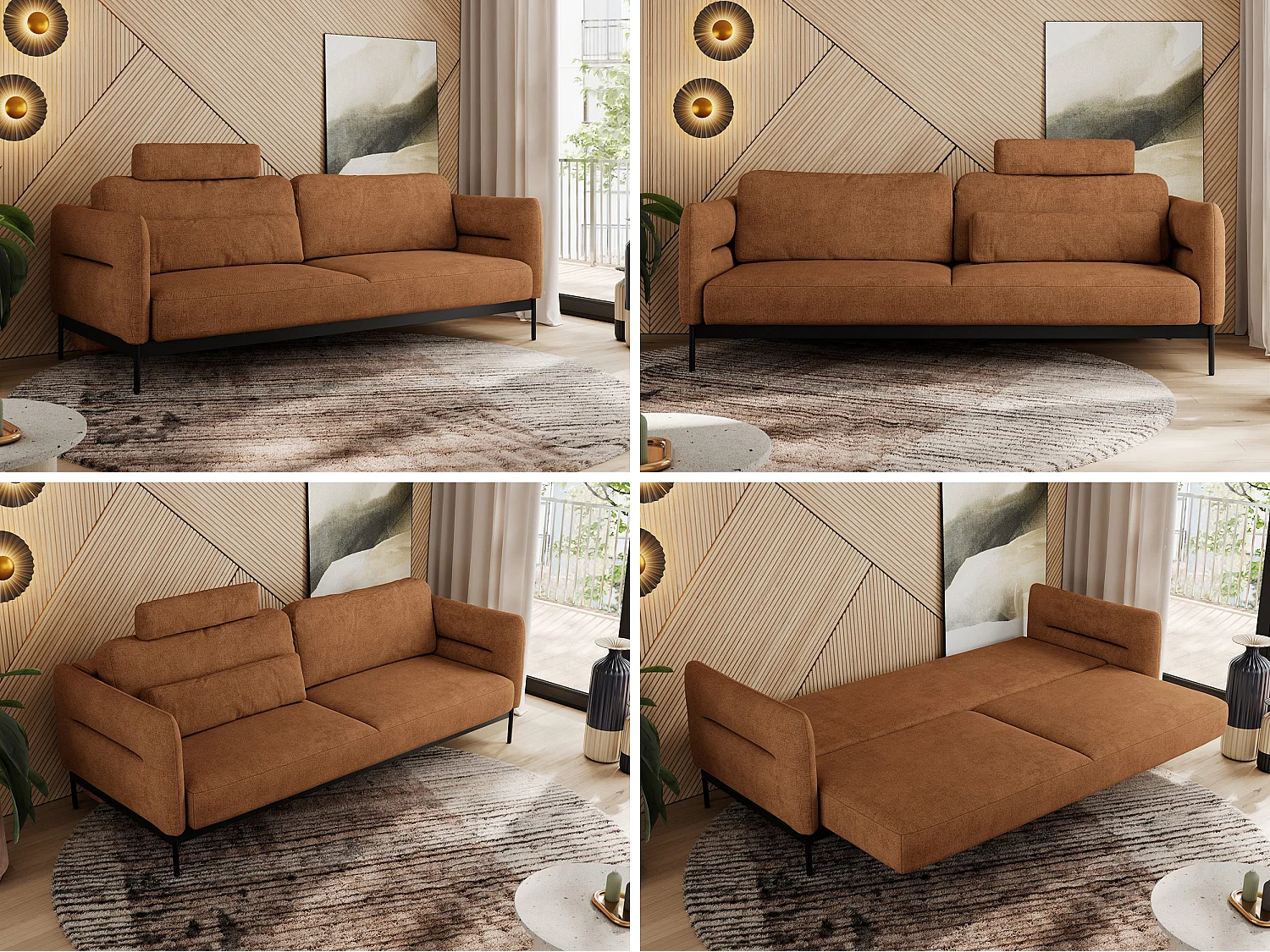 Sofa SALENTO - 3-Sitzer mit Metallbeine, mobile Kopfstütze, Schlafsofa mit lose Kissen - Orange Strukture