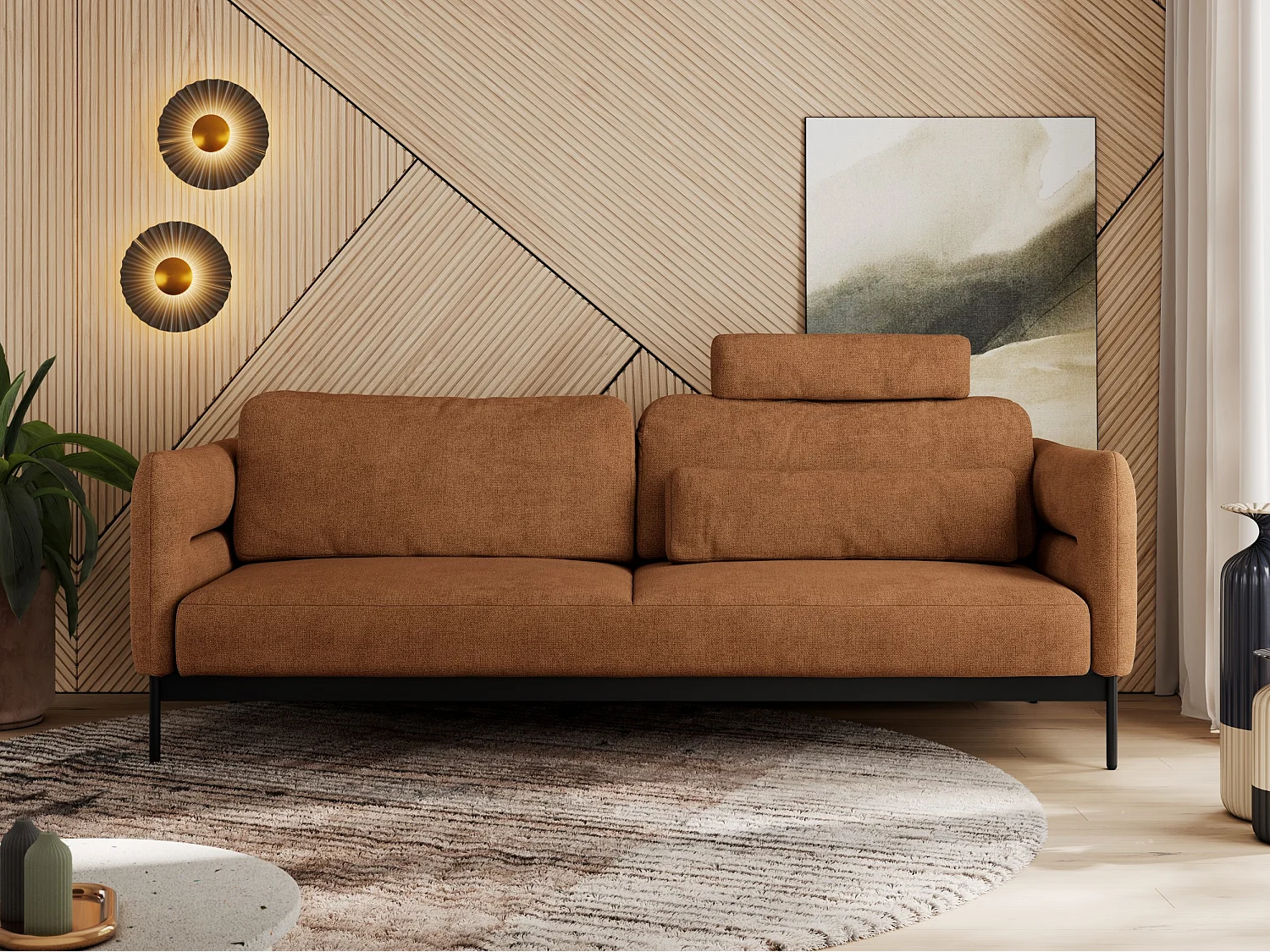 Sofa SALENTO - 3-Sitzer mit Metallbeine, mobile Kopfstütze, Schlafsofa mit lose Kissen - Orange Strukture