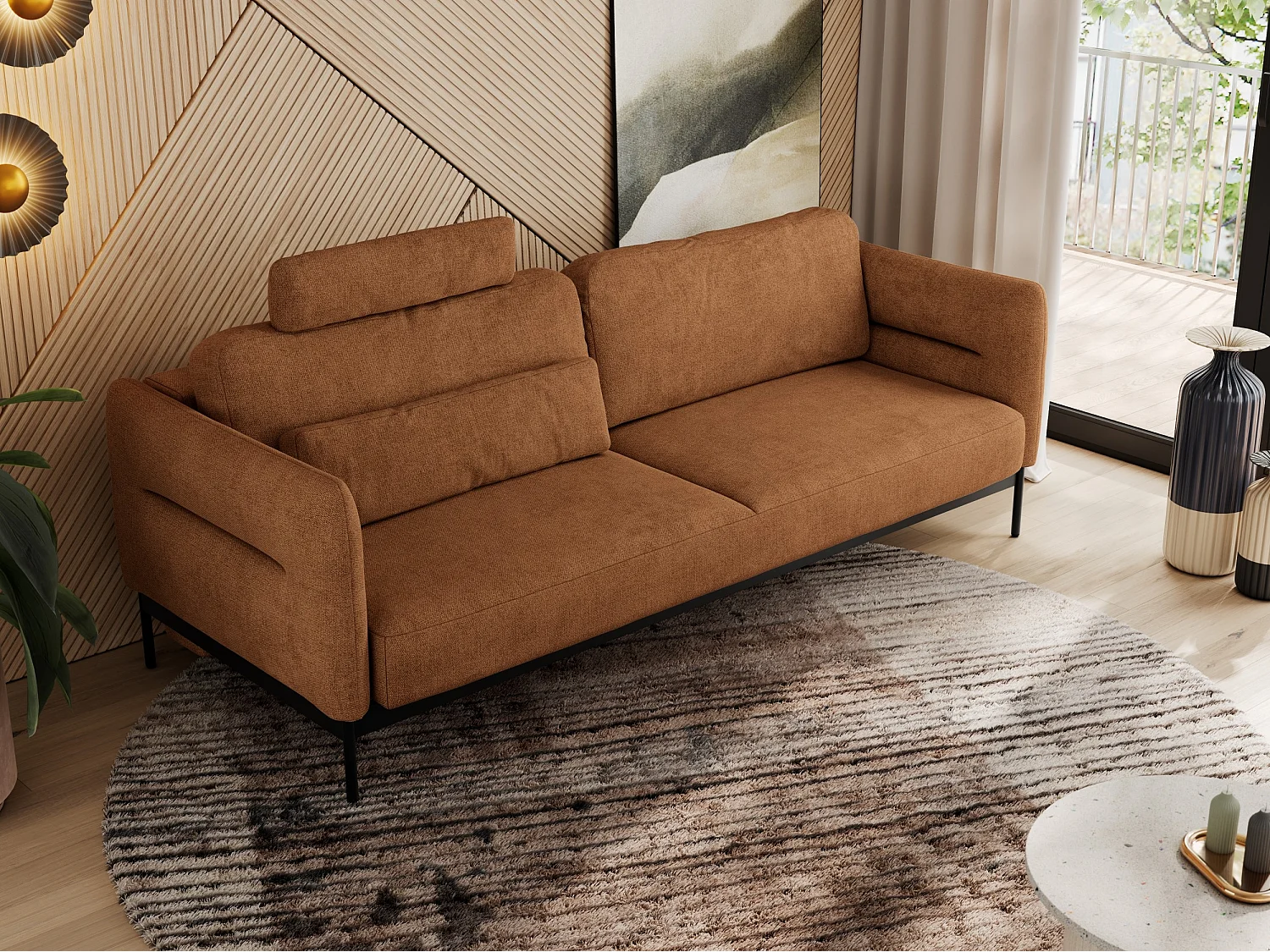 Sofa SALENTO - 3-Sitzer mit Metallbeine, mobile Kopfstütze, Schlafsofa mit lose Kissen - Orange Strukture