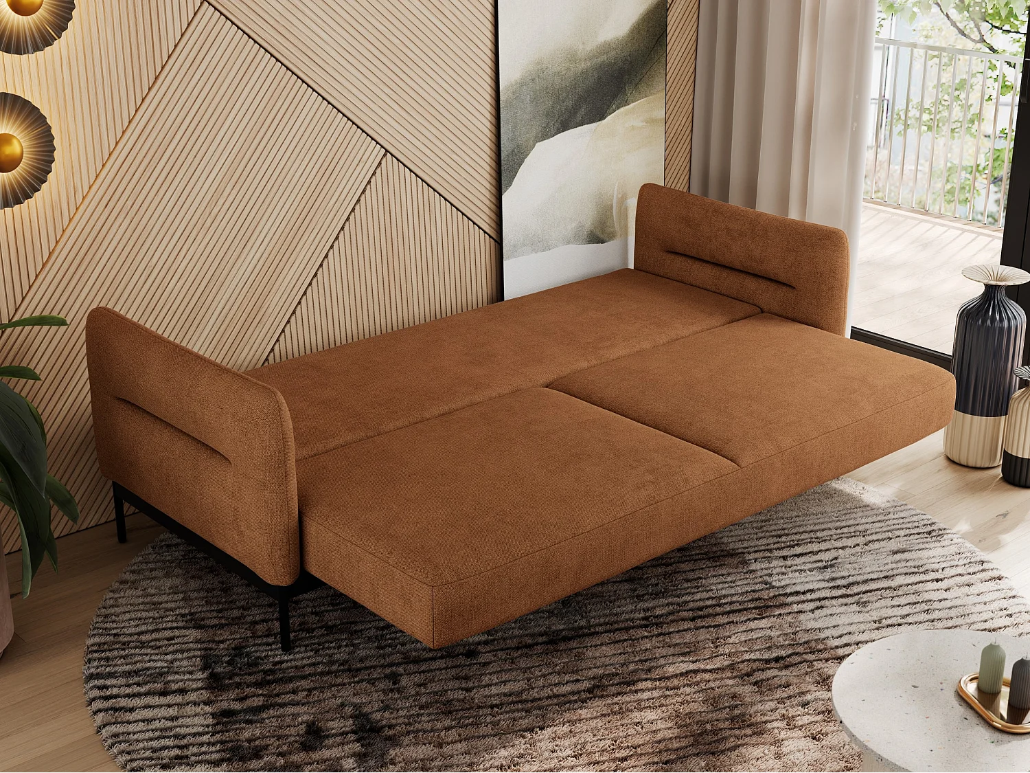 Sofa SALENTO - 3-Sitzer mit Metallbeine, mobile Kopfstütze, Schlafsofa mit lose Kissen - Orange Strukture