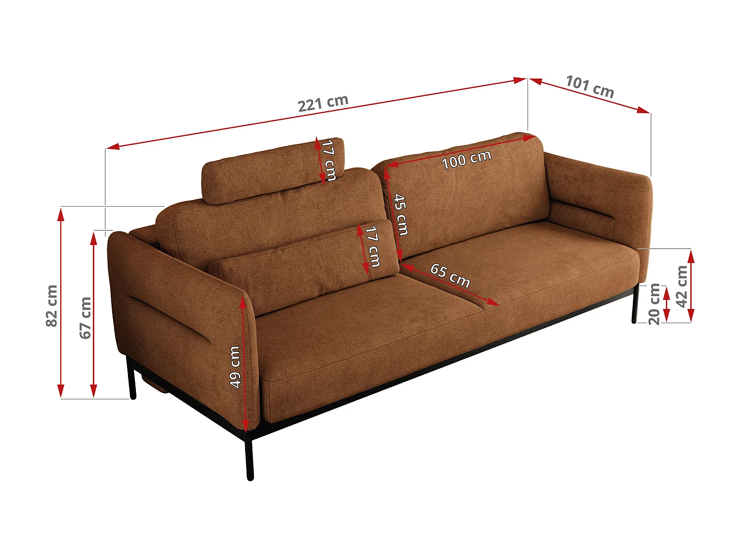 Sofa SALENTO - 3-Sitzer mit Metallbeine, mobile Kopfstütze, Schlafsofa mit lose Kissen - Orange Strukture