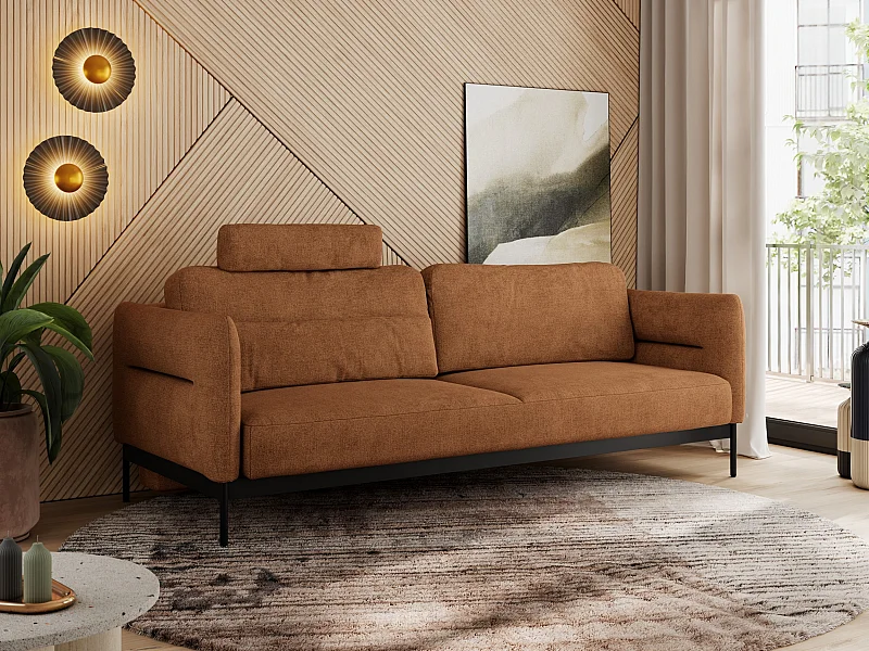 Sofa SALENTO - 3-Sitzer mit Metallbeine, mobile Kopfstütze, Schlafsofa mit lose Kissen - Orange Strukture