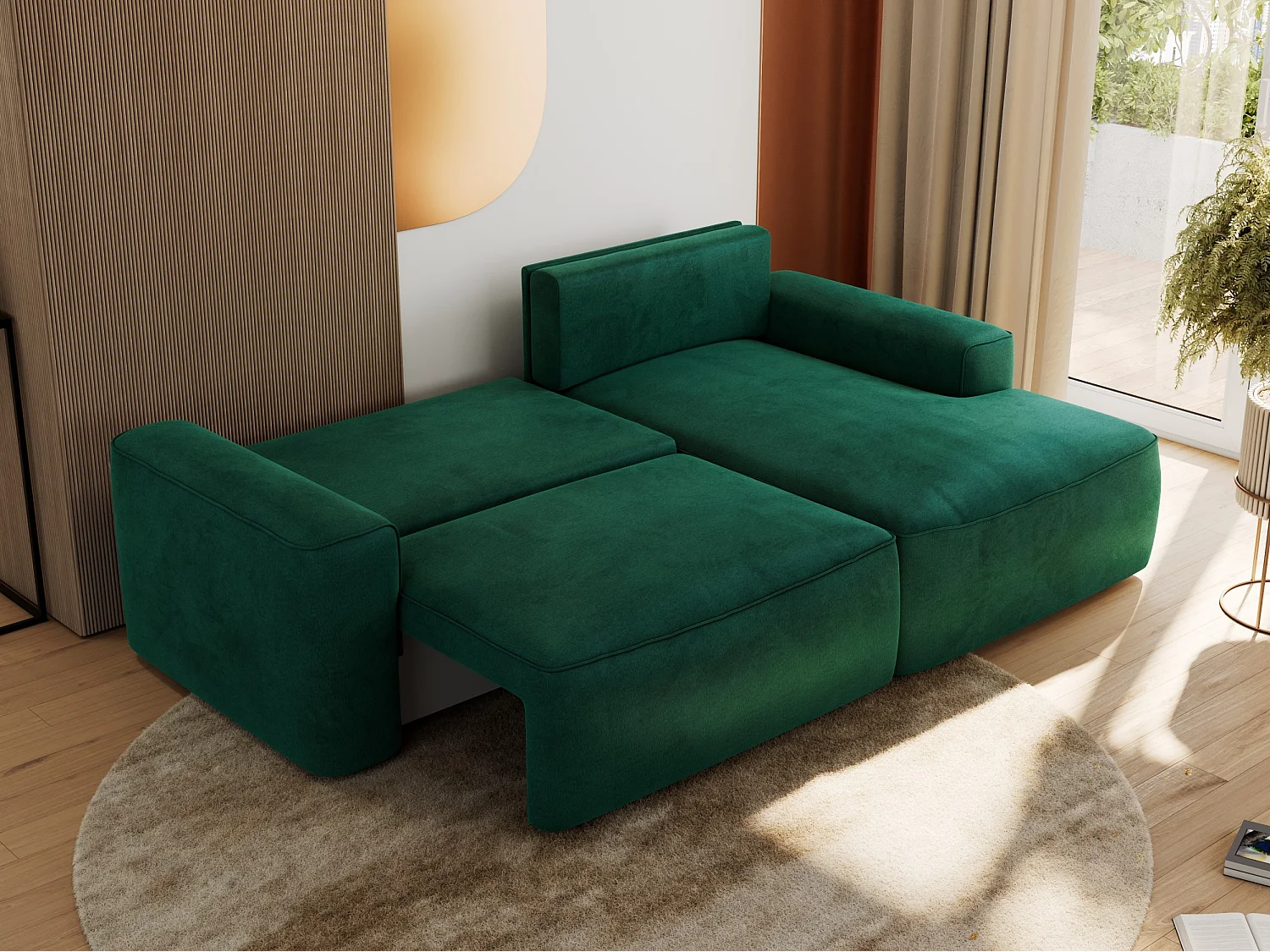 Ecksofa BELLUNO - Schlafsofa mit Bettkasten, Armlehnen, Couch L-form mit Schlaffunktion - Dunkelgrün Velvet - Ecke Rechts