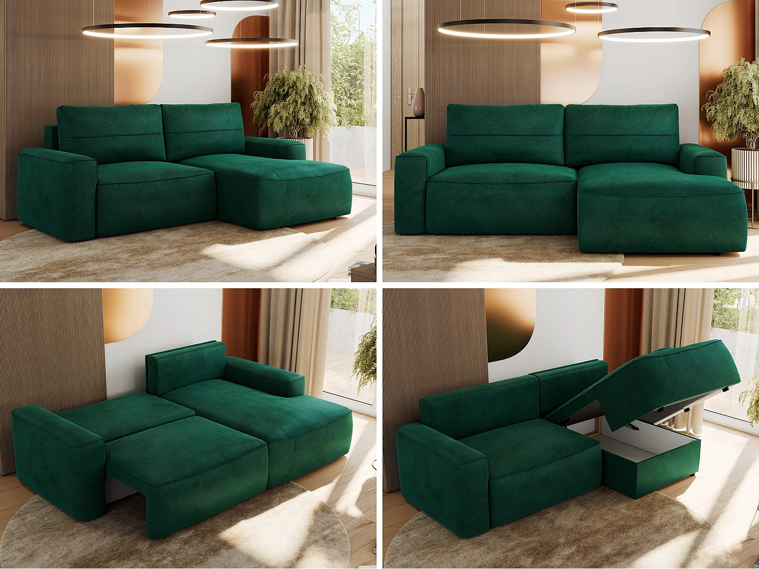 Ecksofa BELLUNO - Schlafsofa mit Bettkasten, Armlehnen, Couch L-form mit Schlaffunktion - Dunkelgrün Velvet - Ecke Rechts
