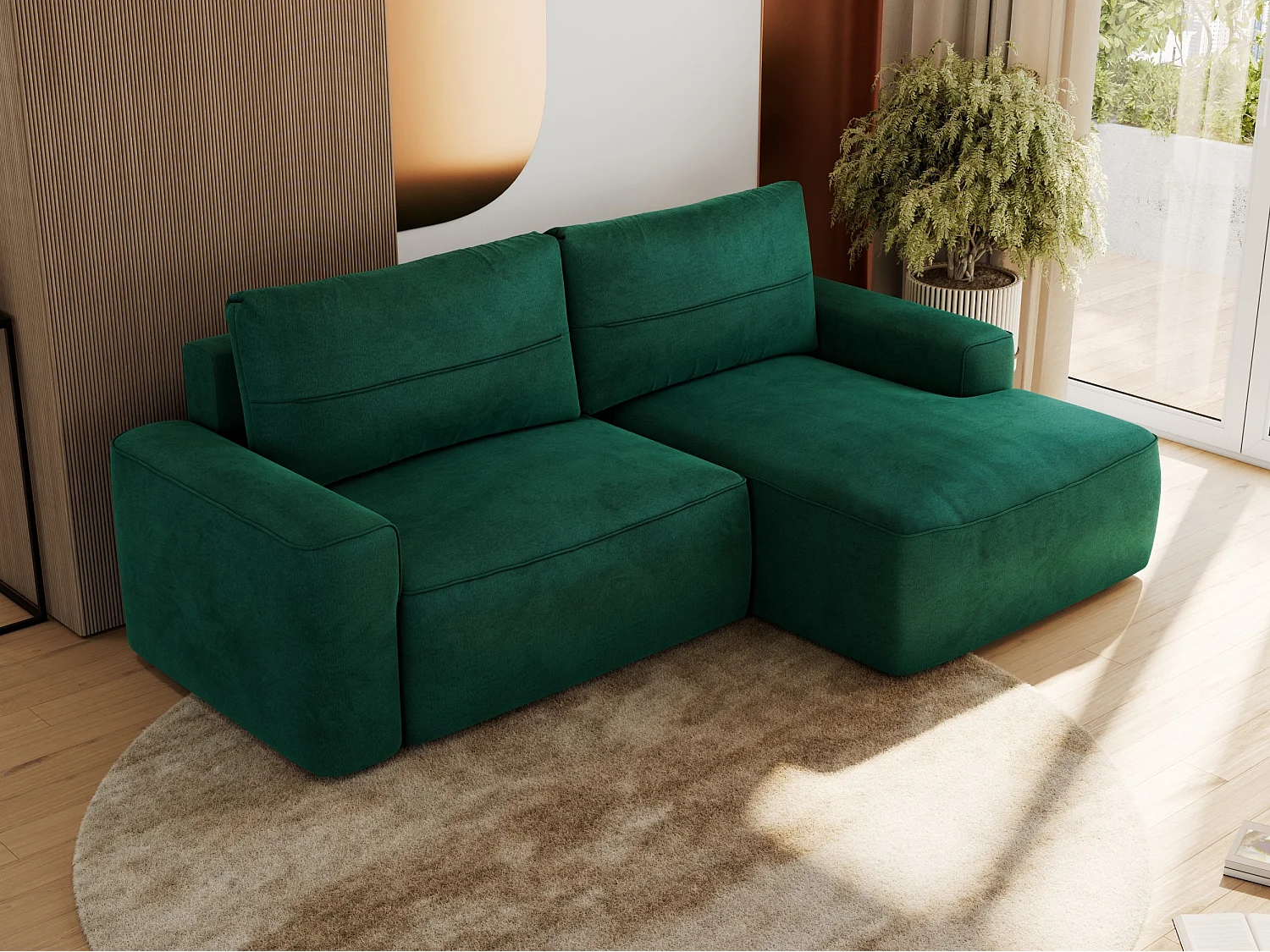 Ecksofa BELLUNO - Schlafsofa mit Bettkasten, Armlehnen, Couch L-form mit Schlaffunktion - Dunkelgrün Velvet - Ecke Rechts