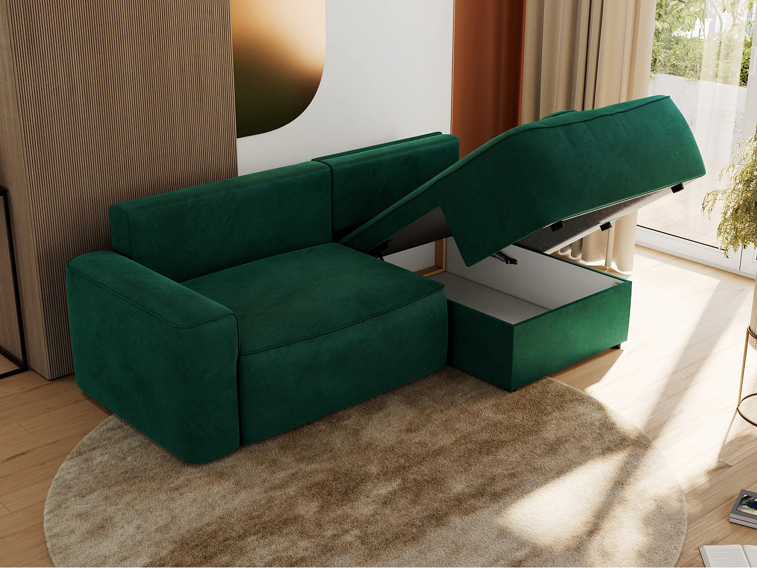 Ecksofa BELLUNO - Schlafsofa mit Bettkasten, Armlehnen, Couch L-form mit Schlaffunktion - Dunkelgrün Velvet - Ecke Rechts