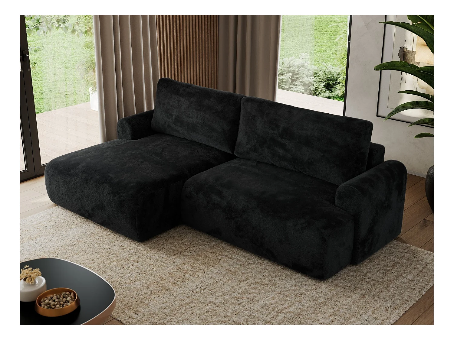 Ecksofa TONO - mit Schlaffunktion und Bettkasten, L-form Ecke, Armlehnen - Schwarz Plüsch - Ecke Links