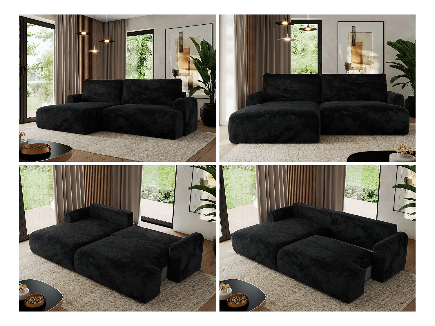 Ecksofa TONO - mit Schlaffunktion und Bettkasten, L-form Ecke, Armlehnen - Schwarz Plüsch - Ecke Links