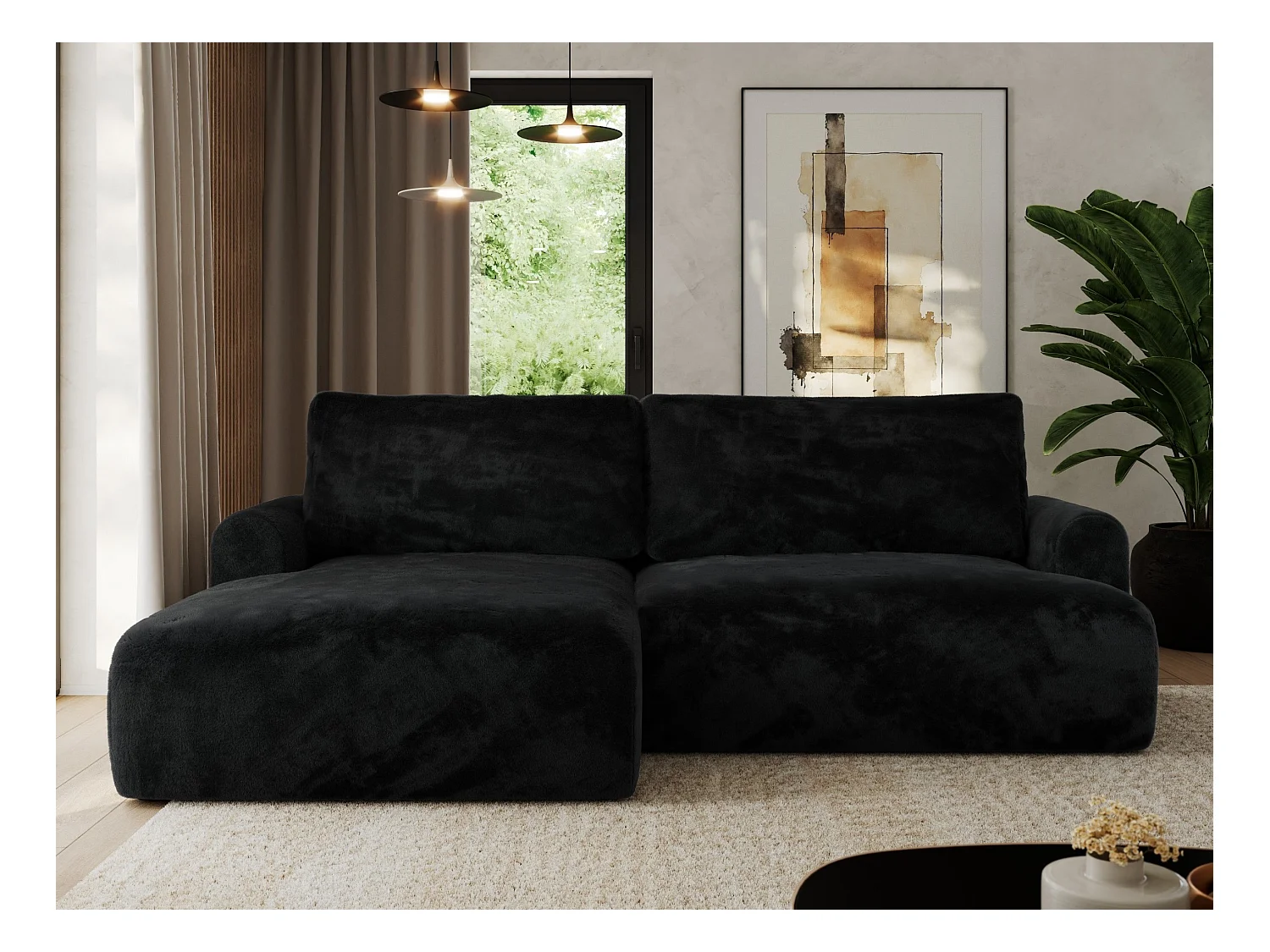 Ecksofa TONO - mit Schlaffunktion und Bettkasten, L-form Ecke, Armlehnen - Schwarz Plüsch - Ecke Links