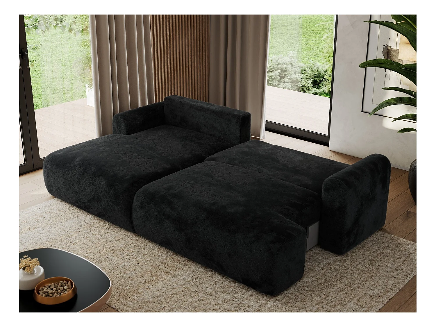 Ecksofa TONO - mit Schlaffunktion und Bettkasten, L-form Ecke, Armlehnen - Schwarz Plüsch - Ecke Links