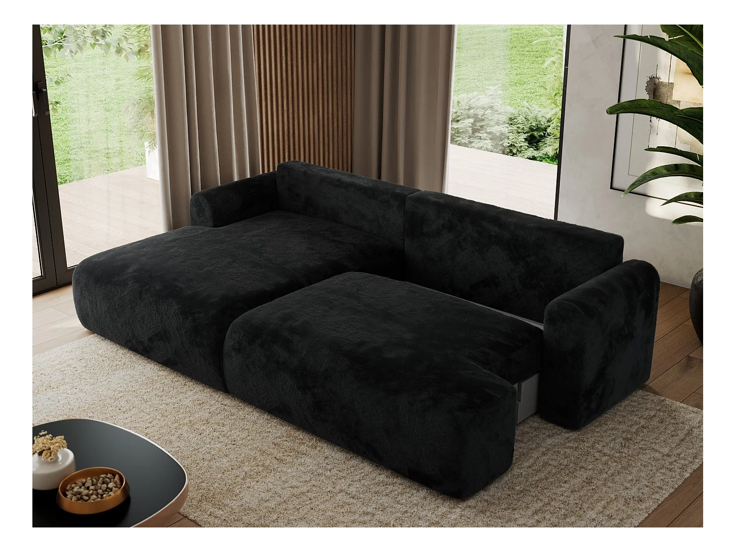 Ecksofa TONO - mit Schlaffunktion und Bettkasten, L-form Ecke, Armlehnen - Schwarz Plüsch - Ecke Links