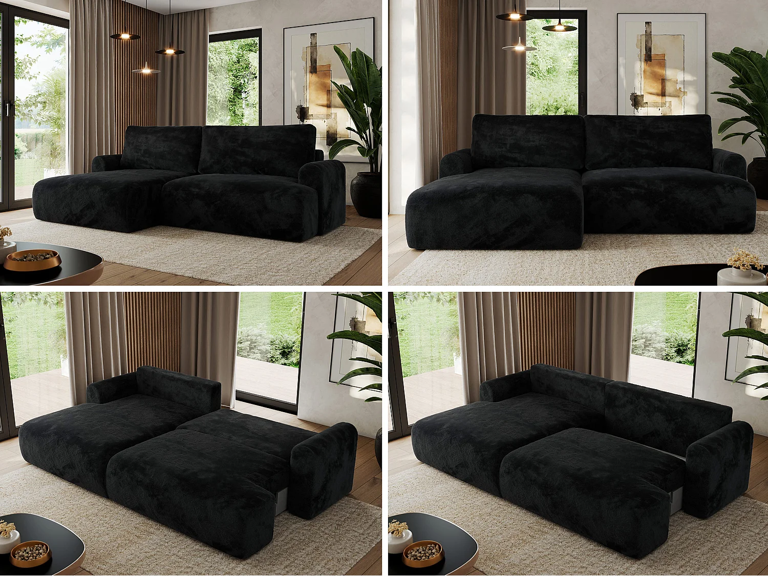 Ecksofa TONO - mit Schlaffunktion und Bettkasten, L-form Ecke, Armlehnen - Schwarz Plüsch - Ecke Links