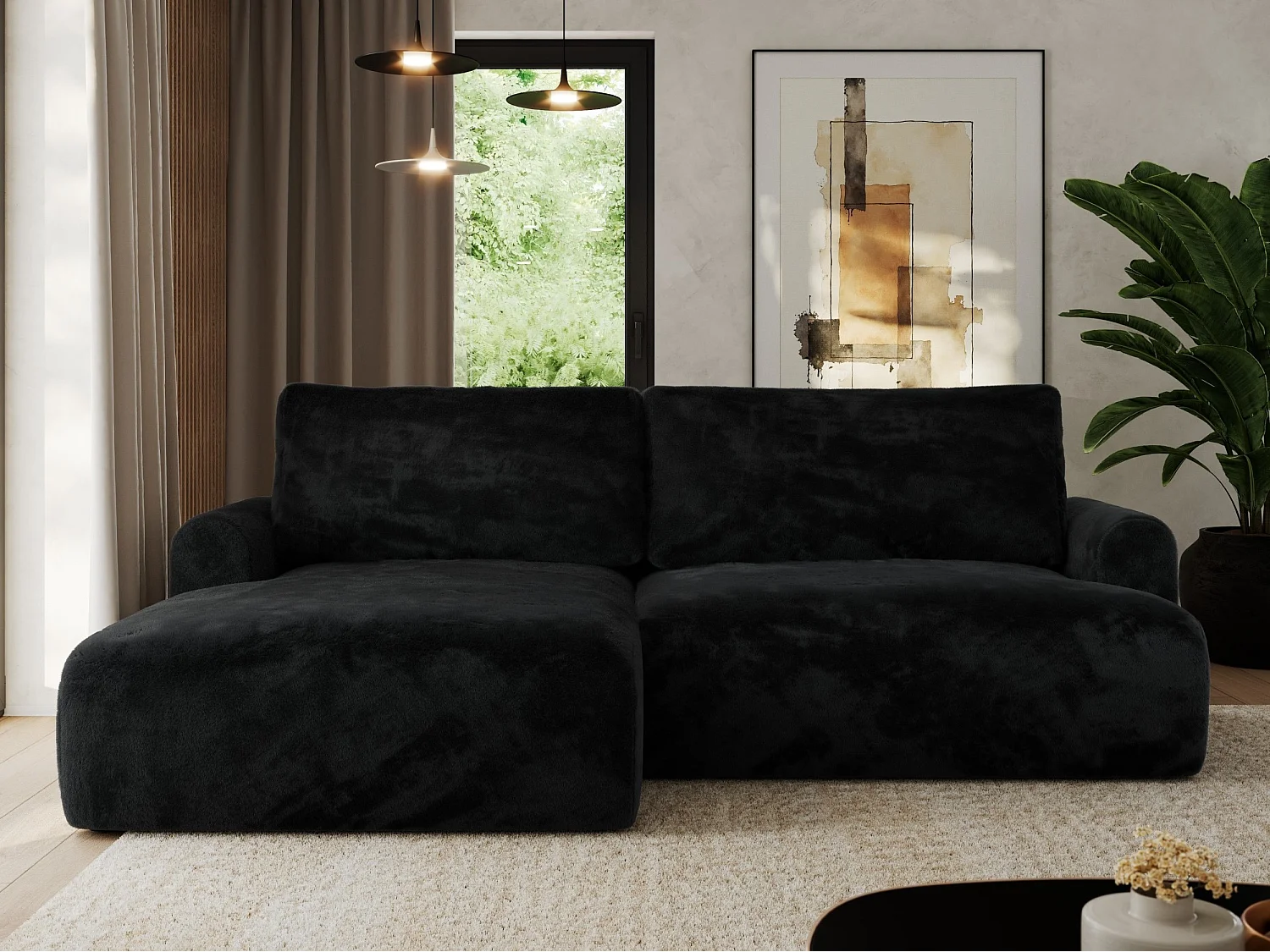 Ecksofa TONO - mit Schlaffunktion und Bettkasten, L-form Ecke, Armlehnen - Schwarz Plüsch - Ecke Links