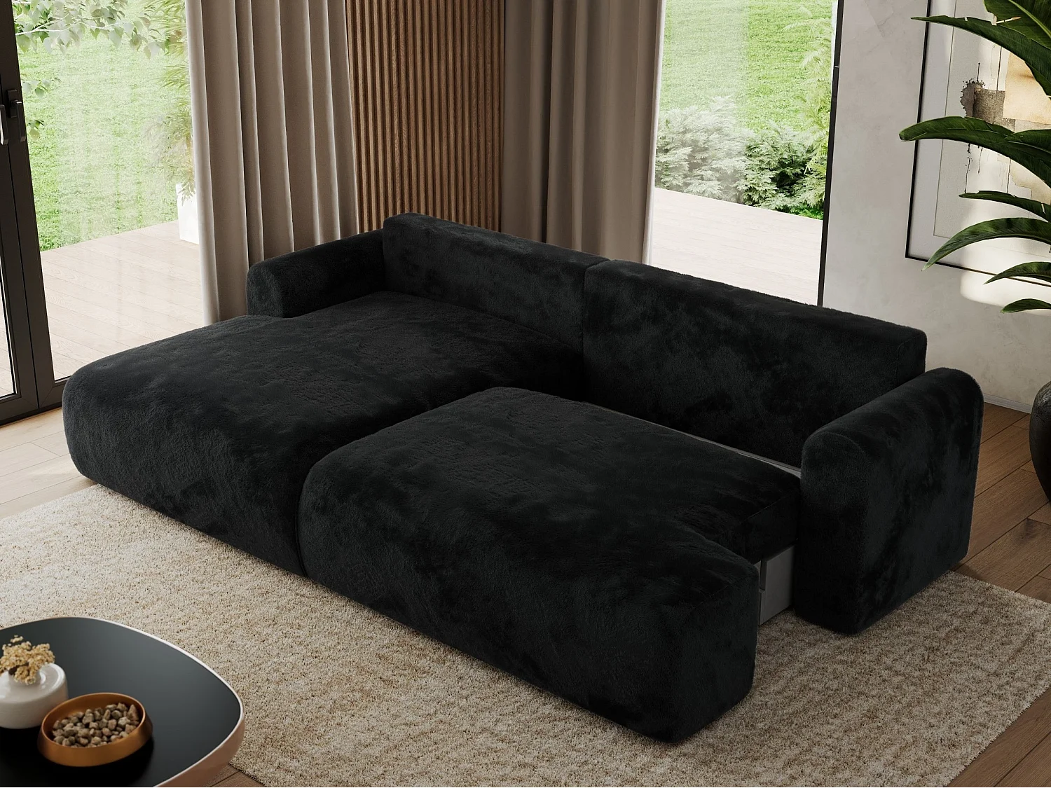 Ecksofa TONO - mit Schlaffunktion und Bettkasten, L-form Ecke, Armlehnen - Schwarz Plüsch - Ecke Links