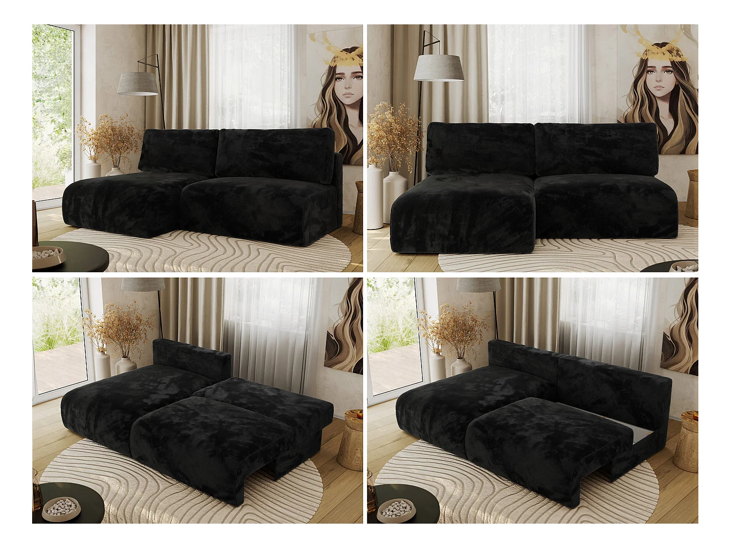 Ecksofa VIVO - L-form Couch mit Schlaffunktion und Bettkasten, Wellenfeder - Schwarz Plüsch - Ecke Links