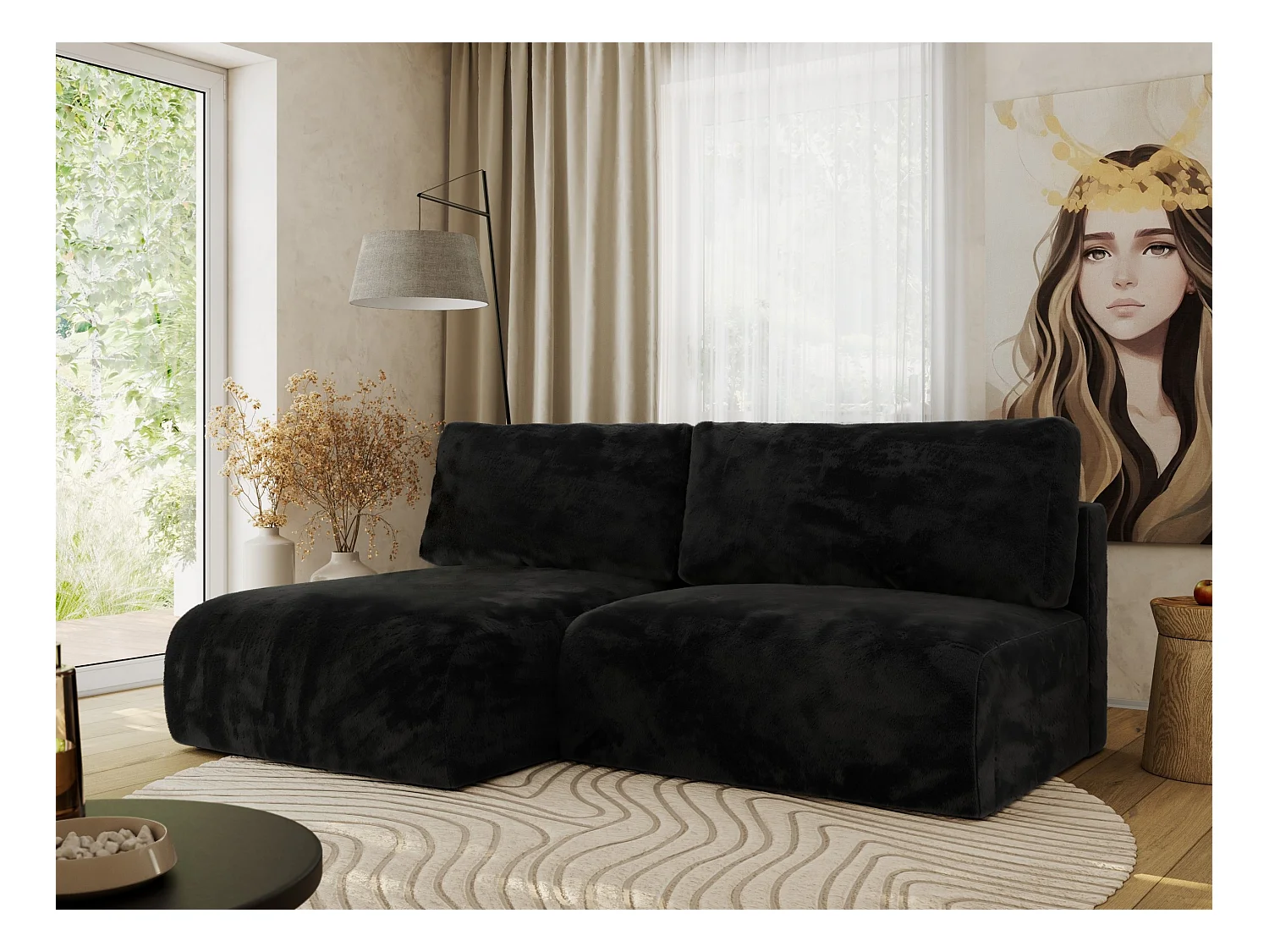 Ecksofa VIVO - L-form Couch mit Schlaffunktion und Bettkasten, Wellenfeder - Schwarz Plüsch - Ecke Links