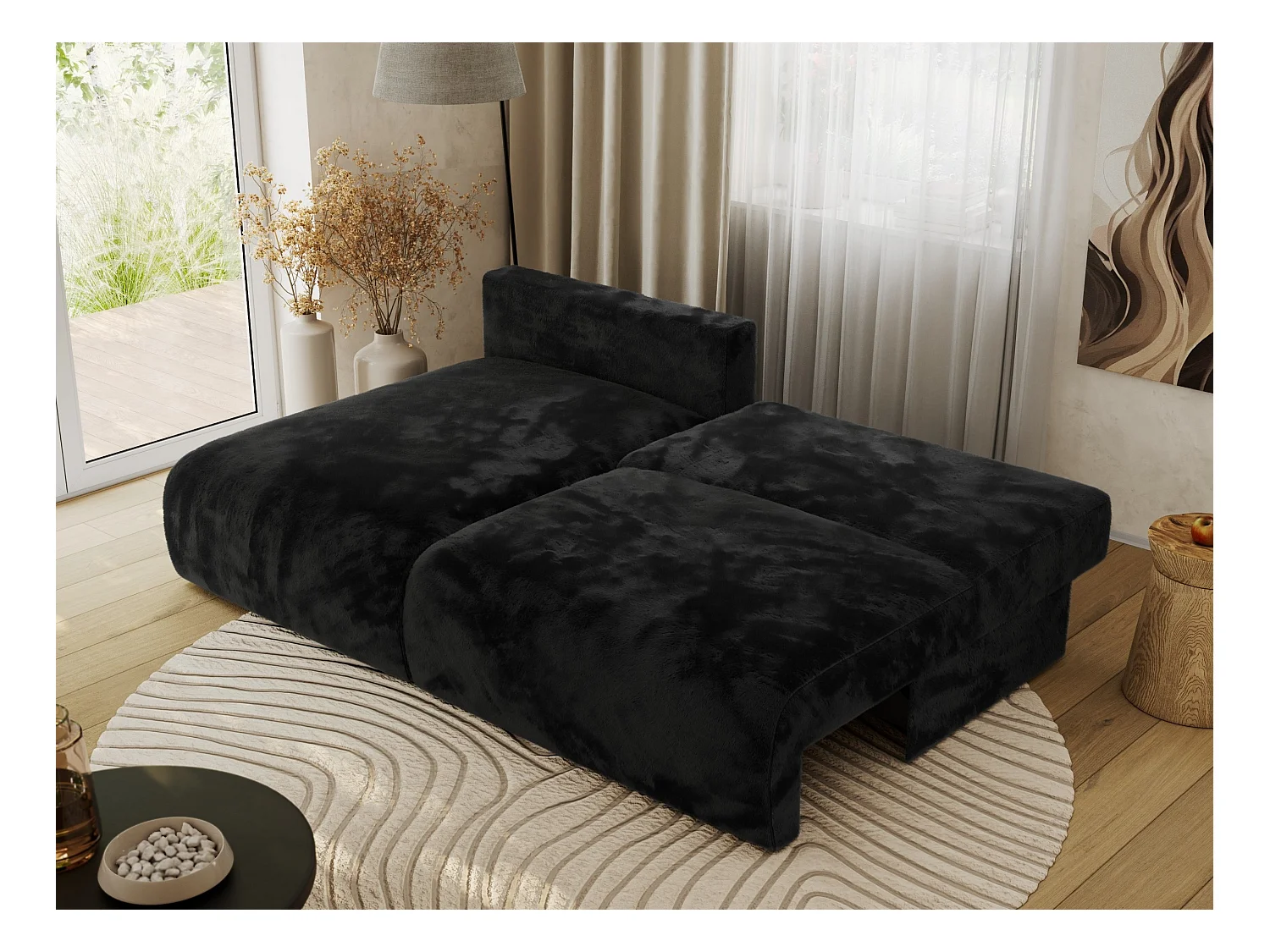 Ecksofa VIVO - L-form Couch mit Schlaffunktion und Bettkasten, Wellenfeder - Schwarz Plüsch - Ecke Links