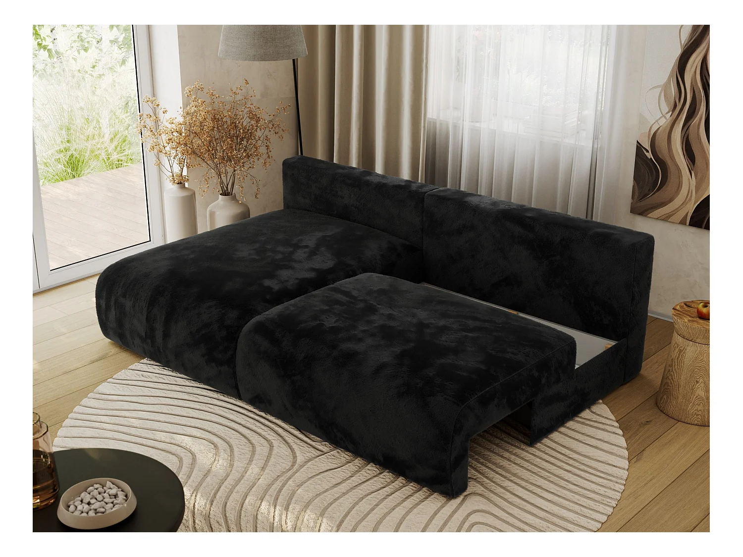 Ecksofa VIVO - L-form Couch mit Schlaffunktion und Bettkasten, Wellenfeder - Schwarz Plüsch - Ecke Links