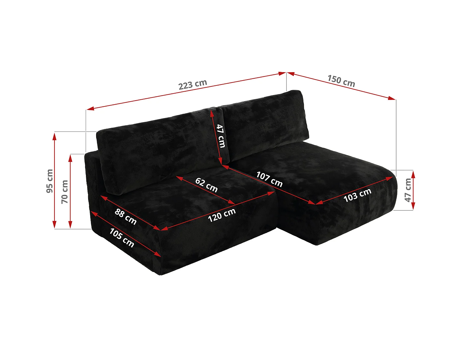 Ecksofa VIVO - L-form Couch mit Schlaffunktion und Bettkasten, Wellenfeder - Schwarz Plüsch - Ecke Links