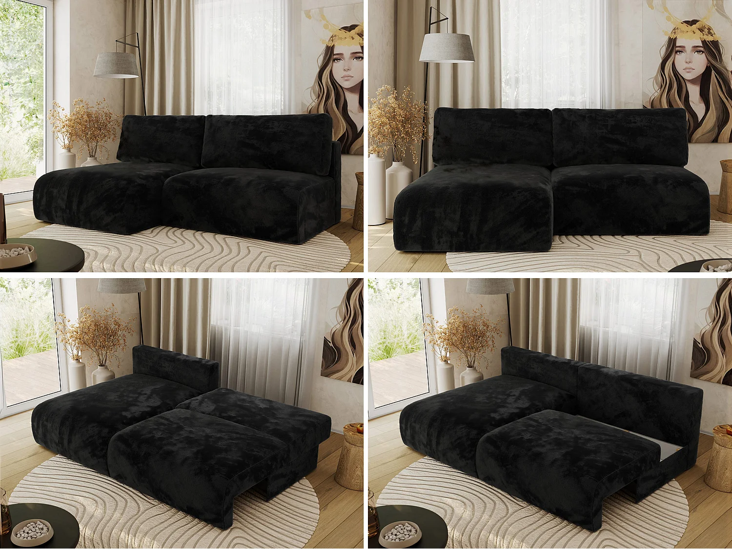 Ecksofa VIVO - L-form Couch mit Schlaffunktion und Bettkasten, Wellenfeder - Schwarz Plüsch - Ecke Links