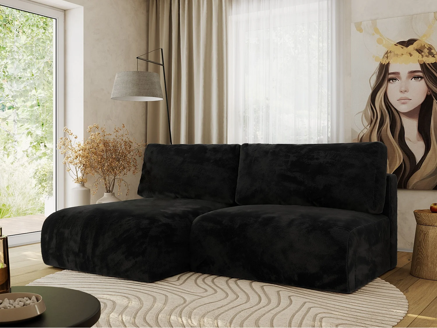 Ecksofa VIVO - L-form Couch mit Schlaffunktion und Bettkasten, Wellenfeder - Schwarz Plüsch - Ecke Links