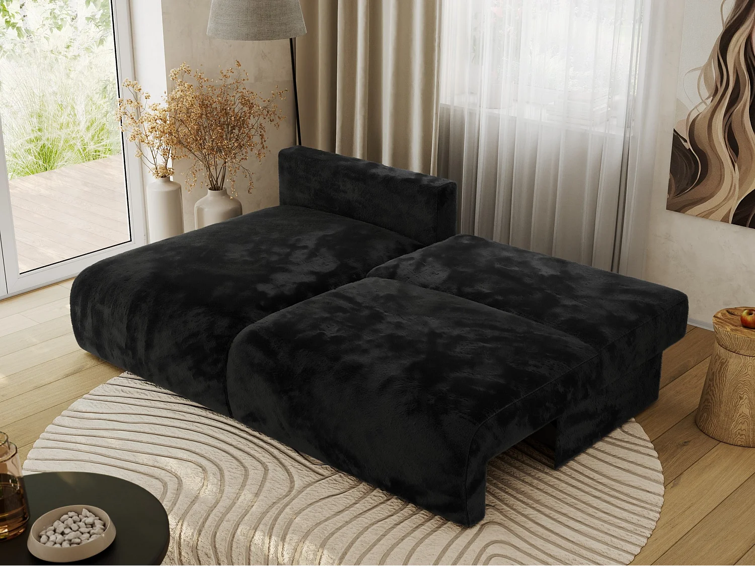 Ecksofa VIVO - L-form Couch mit Schlaffunktion und Bettkasten, Wellenfeder - Schwarz Plüsch - Ecke Links