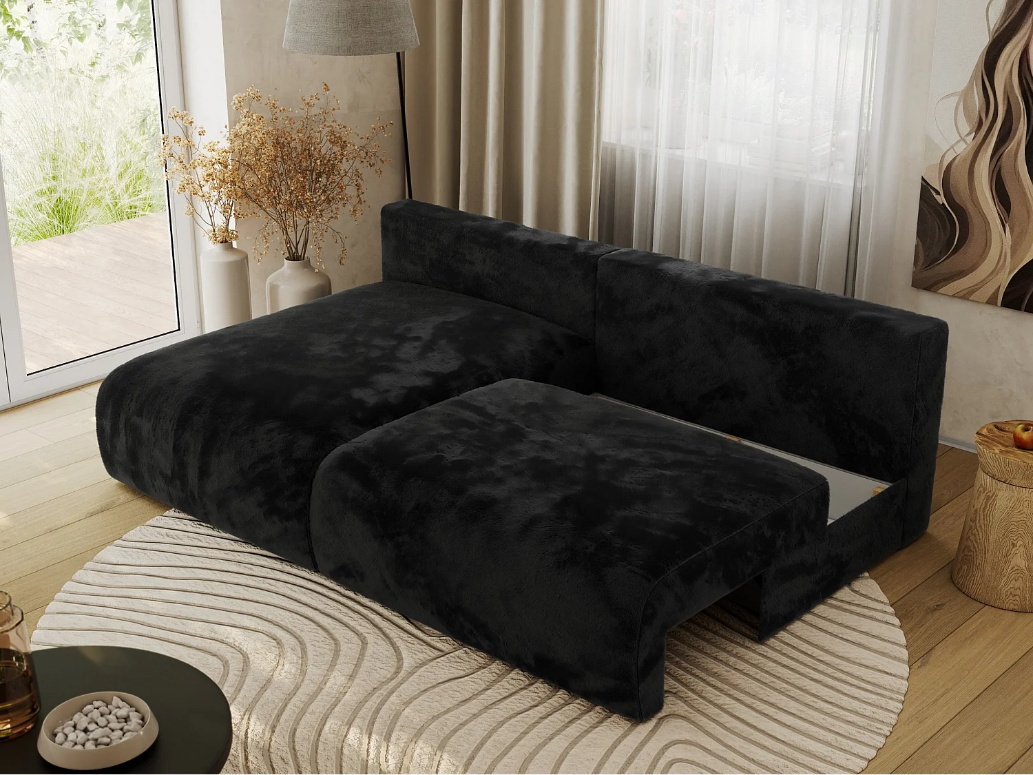 Ecksofa VIVO - L-form Couch mit Schlaffunktion und Bettkasten, Wellenfeder - Schwarz Plüsch - Ecke Links