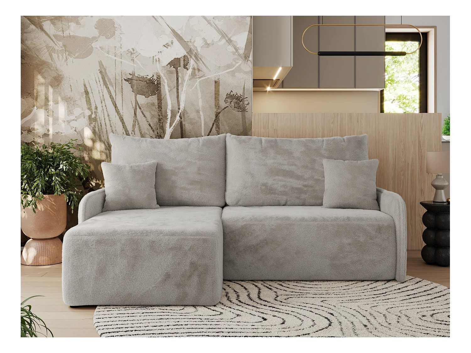 Ecksofa ARPA - L-form Schlaffsofa, Bettkasten und lose Kissen, Armlehnen - Hellgrau Plüsch - Ecke Links