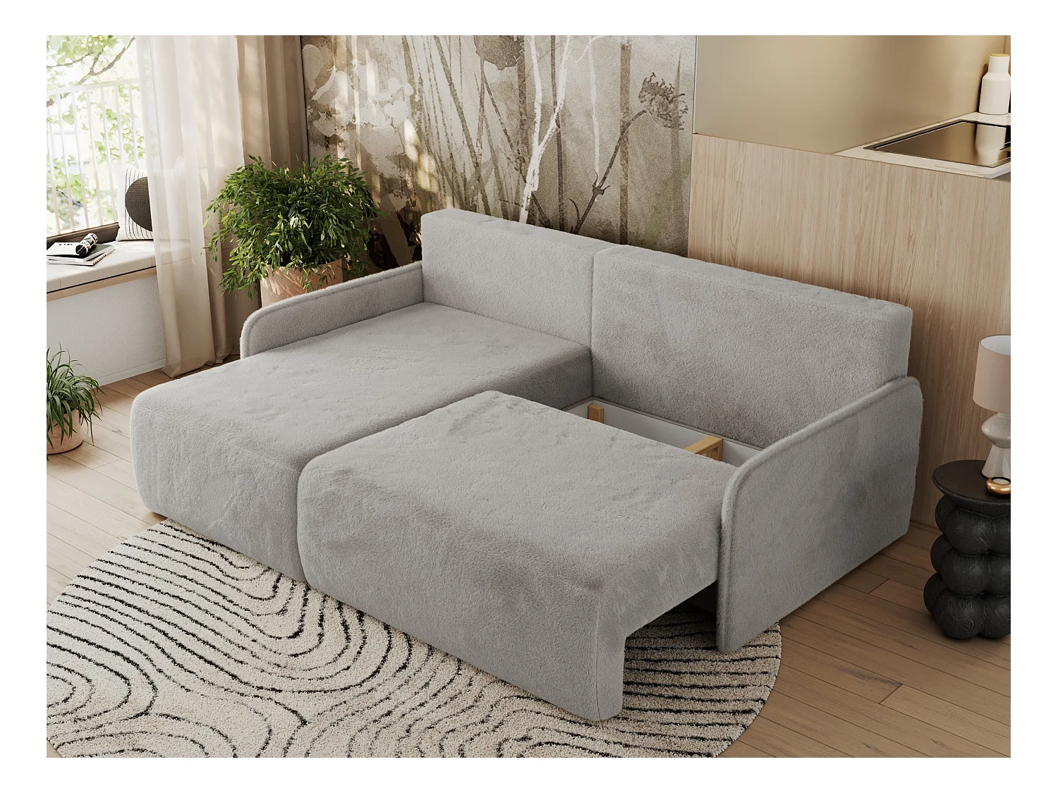 Ecksofa ARPA - L-form Schlaffsofa, Bettkasten und lose Kissen, Armlehnen - Hellgrau Plüsch - Ecke Links