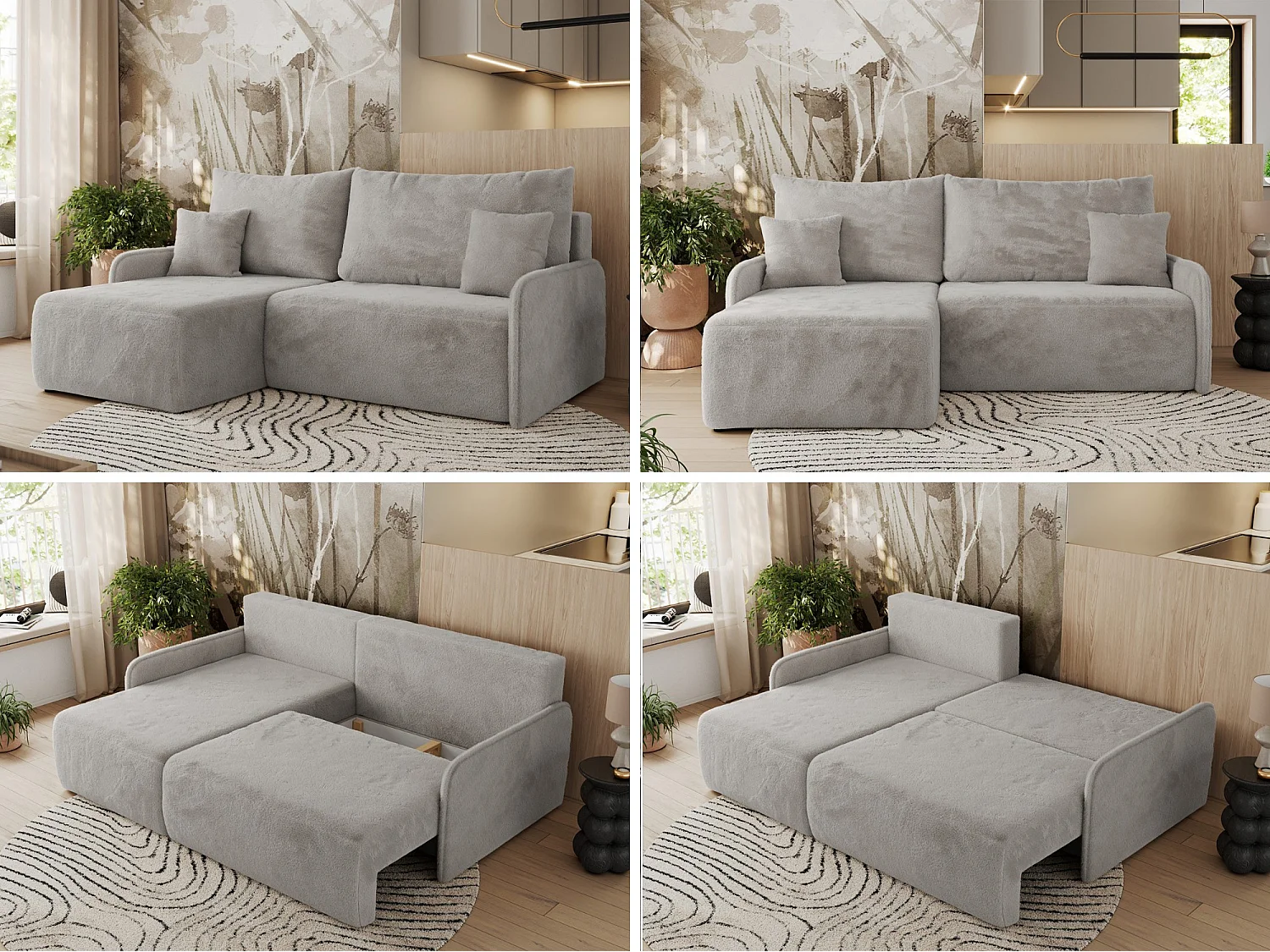 Ecksofa ARPA - L-form Schlaffsofa, Bettkasten und lose Kissen, Armlehnen - Hellgrau Plüsch - Ecke Links