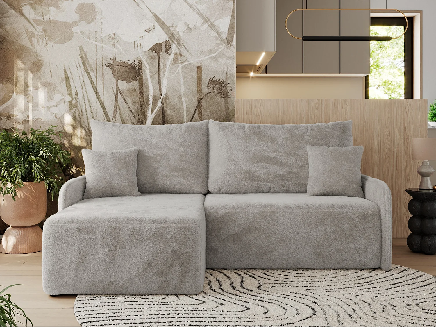 Ecksofa ARPA - L-form Schlaffsofa, Bettkasten und lose Kissen, Armlehnen - Hellgrau Plüsch - Ecke Links