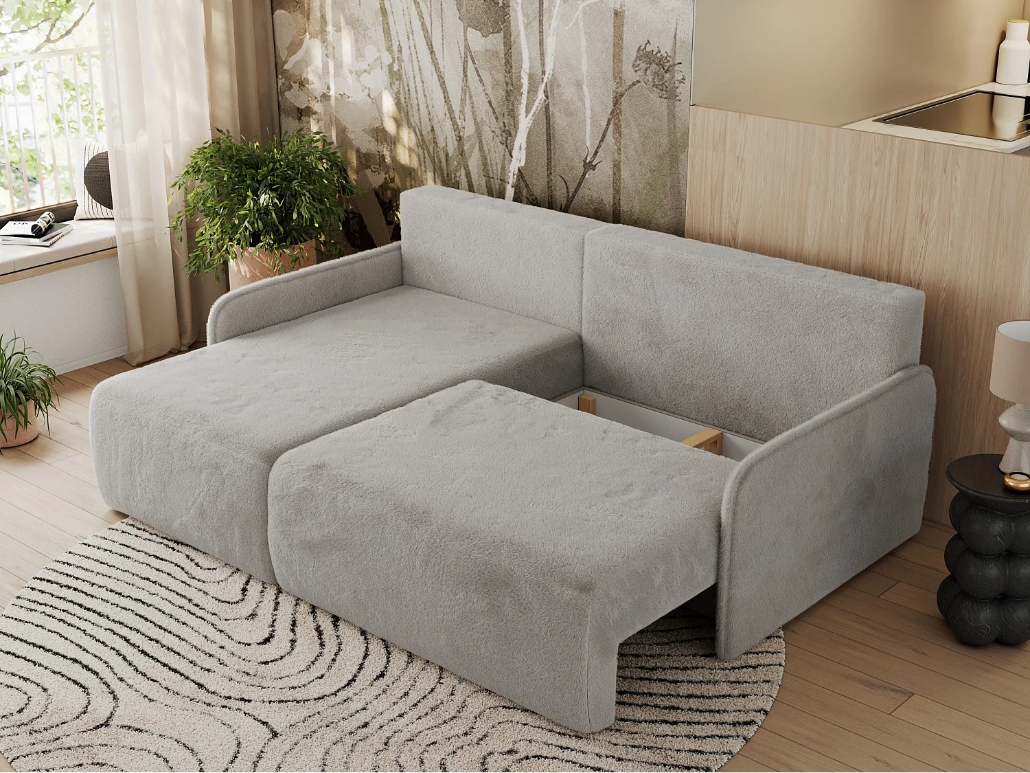 Ecksofa ARPA - L-form Schlaffsofa, Bettkasten und lose Kissen, Armlehnen - Hellgrau Plüsch - Ecke Links