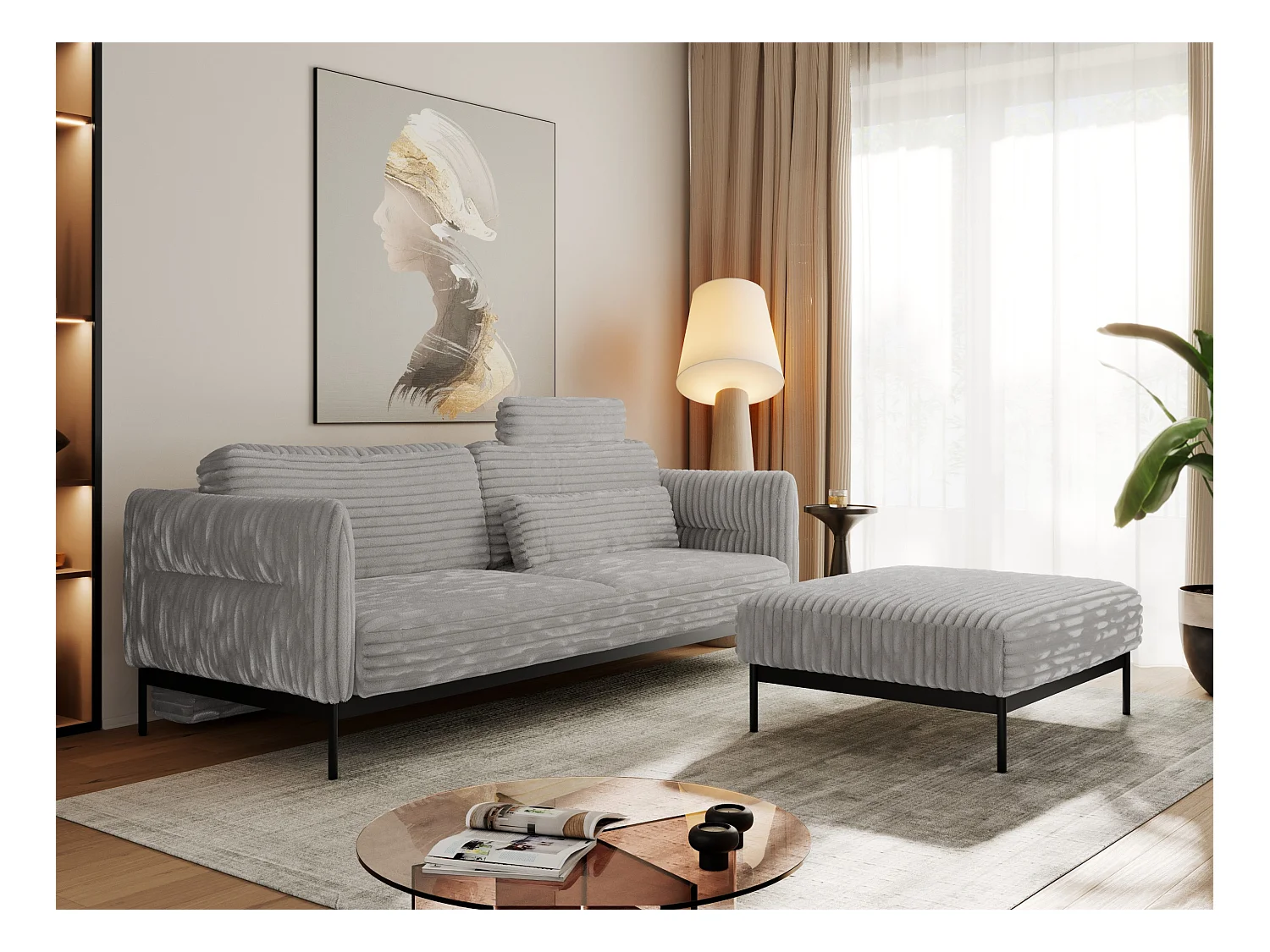 Ecksofa SALENTO - mit Metallbeine, Schlafsofa, mobilen Fußhocker, lose Kissen - Hellgrau Cord