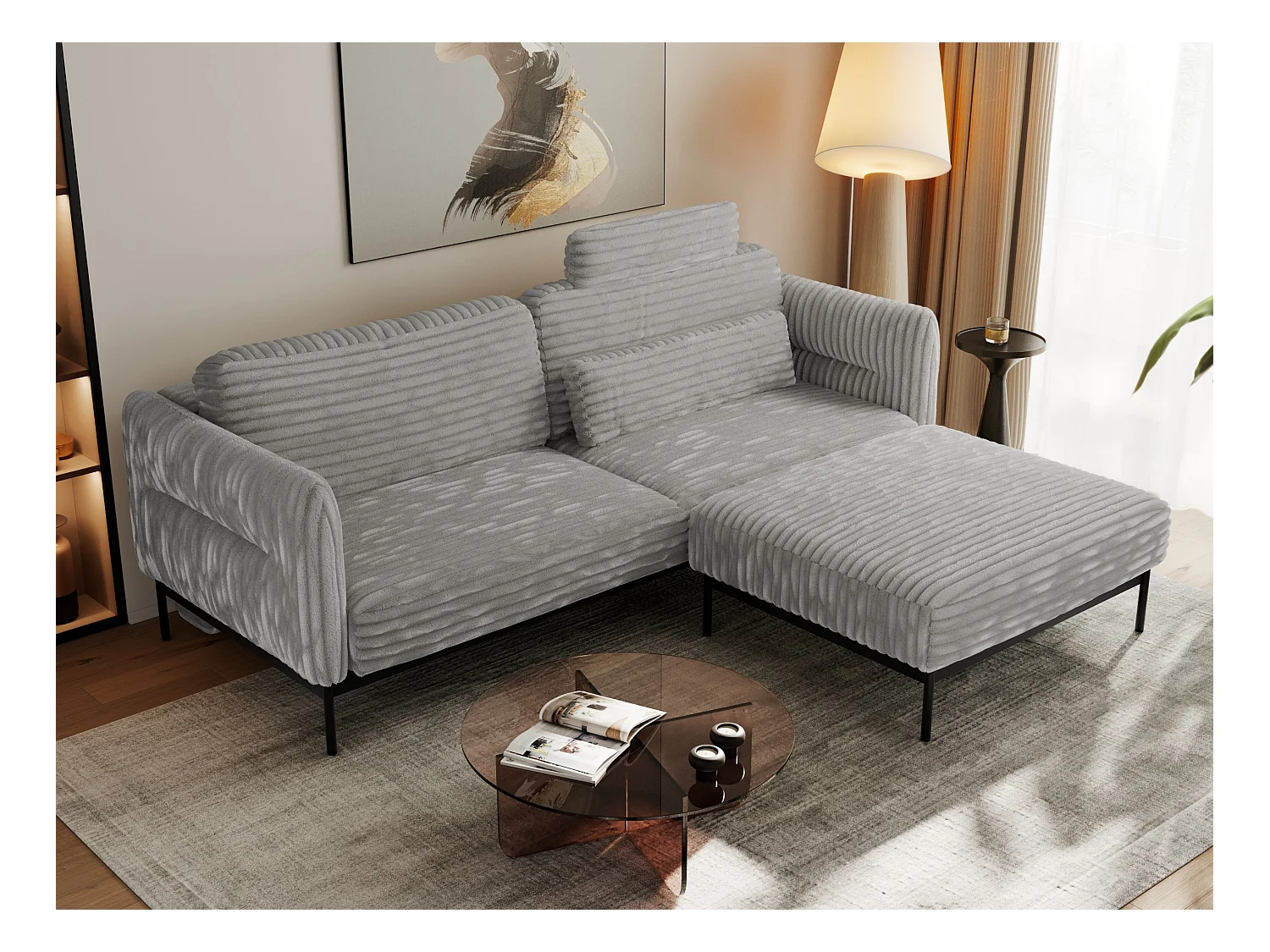 Ecksofa SALENTO - mit Metallbeine, Schlafsofa, mobilen Fußhocker, lose Kissen - Hellgrau Cord