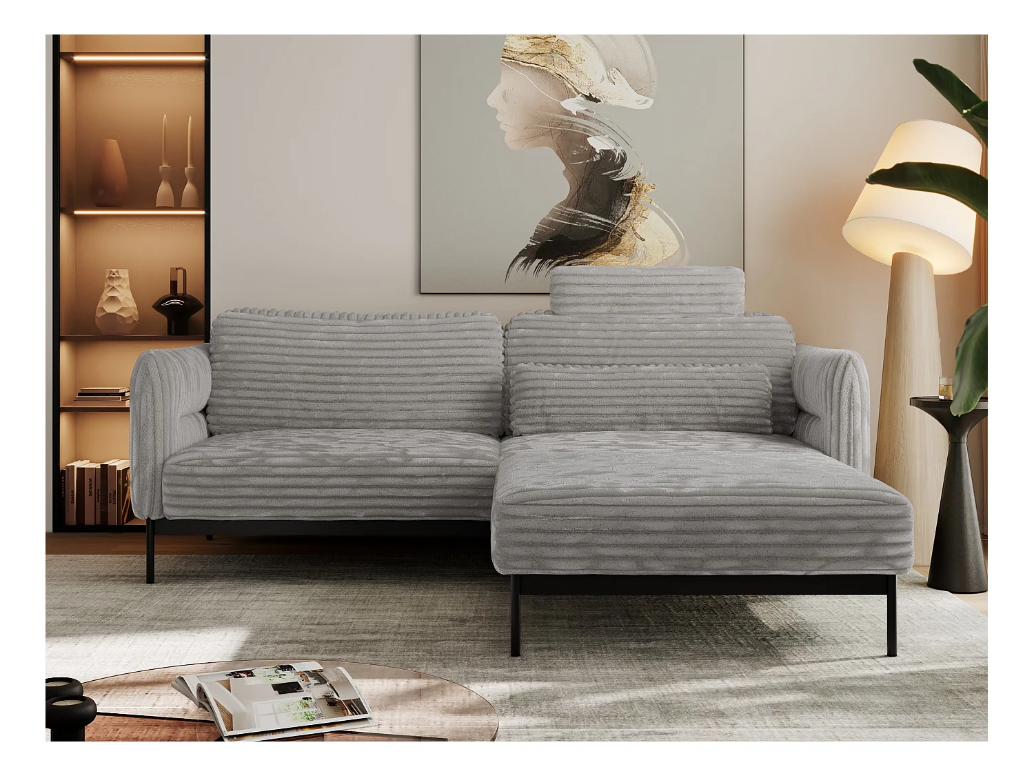 Ecksofa SALENTO - mit Metallbeine, Schlafsofa, mobilen Fußhocker, lose Kissen - Hellgrau Cord