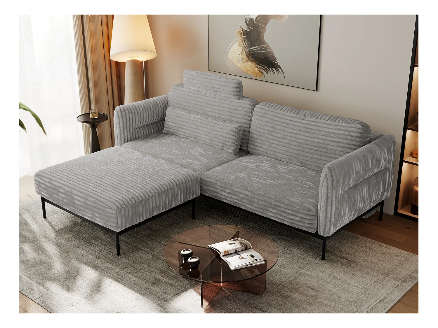 Ecksofa SALENTO - mit Metallbeine, Schlafsofa, mobilen Fußhocker, lose Kissen - Hellgrau Cord